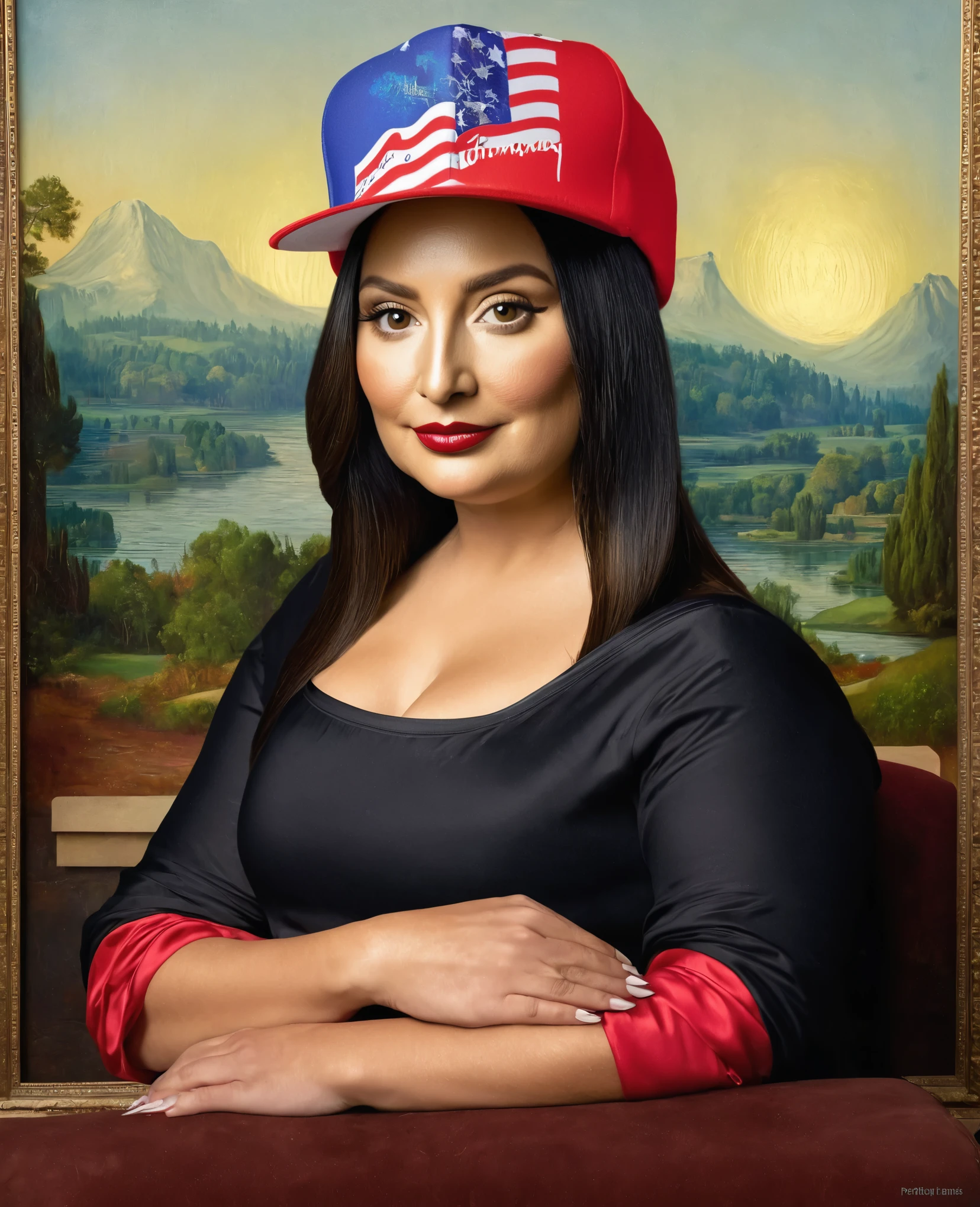 Mona Lisa but as if she was the biggest Donald Trump supporter, maga hat, perfect hands