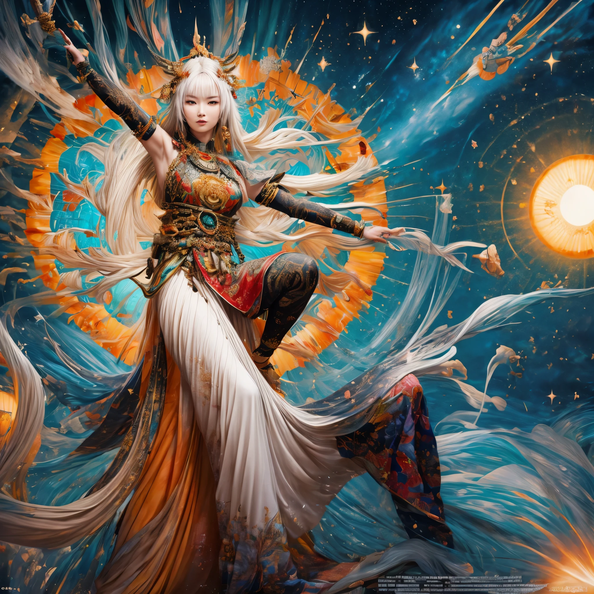 (best quality,4k,8k,highres,masterpiece:1.2),ultra-detailed, Japanese Goddess Amaterasu, Shining bright like the sun, Full body, impressive, imposing, facing viewer, seductive eyes, posed majestically, drawn in the style of Yoshitaka Amano, HDR, 8k, absurdres, cinestill 800, sharp focus, add_detail:3