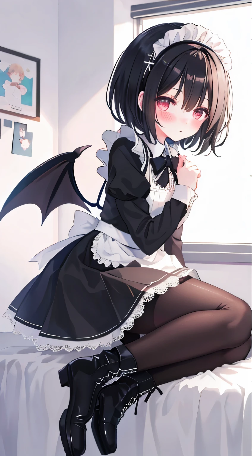 ****，short black hair，maid outfit，Black lace-up boots，white pantyhose，blush shy，classroom scene，demon