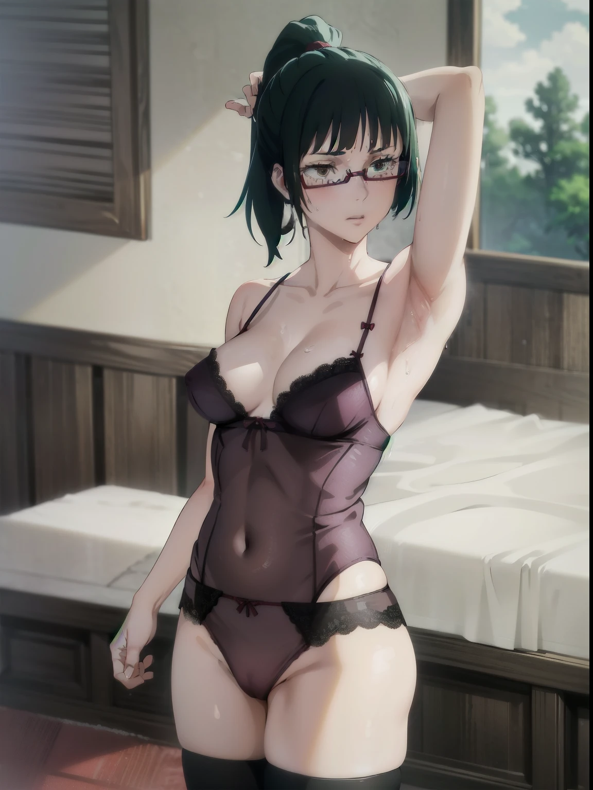 (masterpiece, best quality, high resolution, animescreencap, anime colored,), (perfect anatomy, beautiful detailed eyes, beautiful detailed body, beautiful breast, shiny skin), a sexy mature anime lady standing,((red panties,lace trim,lingerie,lace trim legwear,red lace)), shiny thighs, looking at viewer, side bangs, dark green hair, ponytail, side bangs, medium breasts, medium chest, indoors, room, lampshade, mini table, ((sweaty body)), wet skin, show both armpits, arms behind head, sweaty armpits, erotic pose, looking from down below, pov, golden eyes, sun glasses,