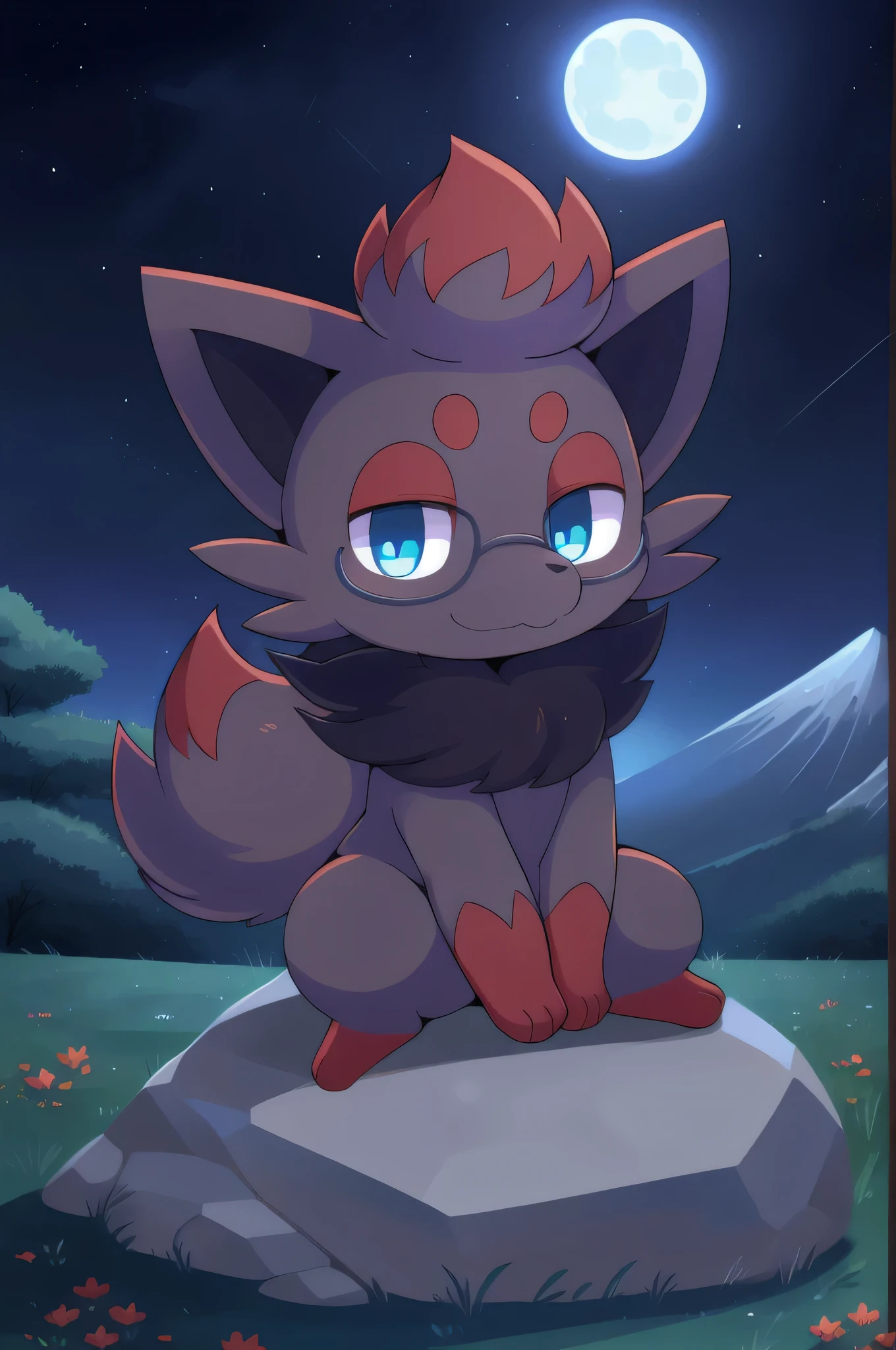 Zorua, blue eyes,nerd_rectangle_black_glasses red hair, masterpiece, high quality, anime style, full body, :3, mountain,grass, nighttime, full moon, stars,clear sky, sit on rock,