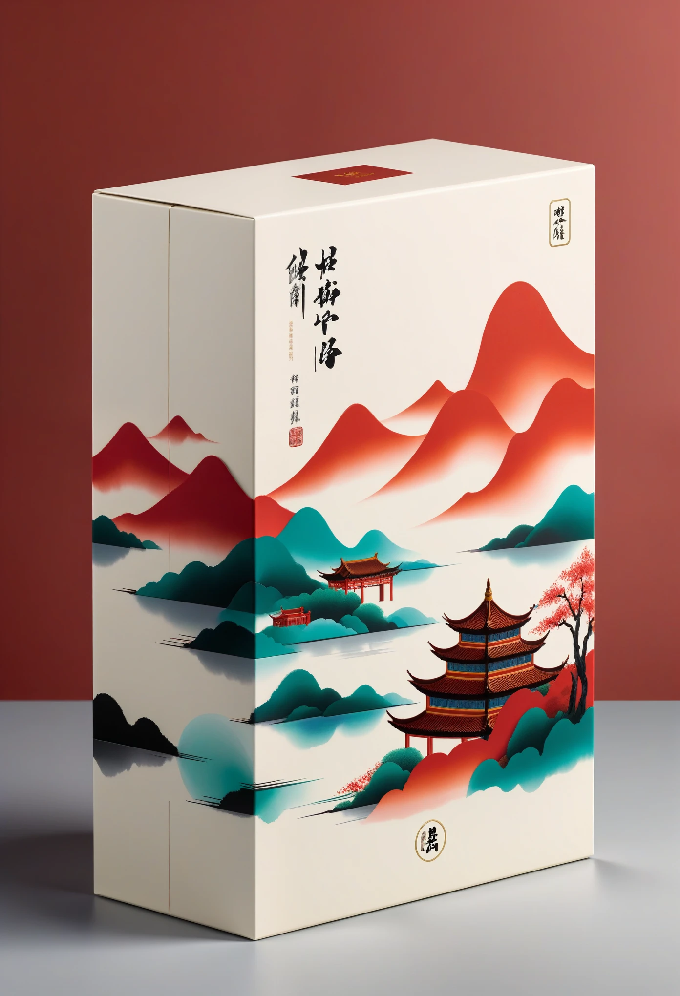 C4D，rendering，Silk background，high-end，Boutique，Luxury gift box，Red tassel decoration，Tea product packaging design，packaging box，mail order box，printing：Geometric abstract ink，Describe the Jiangnan landscape architectural complex，Wu Guanzhong's style is an artistic expression that merges traditional Chinese ink techniques with Western painting concepts. It is characterized by modern interpretations of traditional themes, creating unique visual effects through color and line.