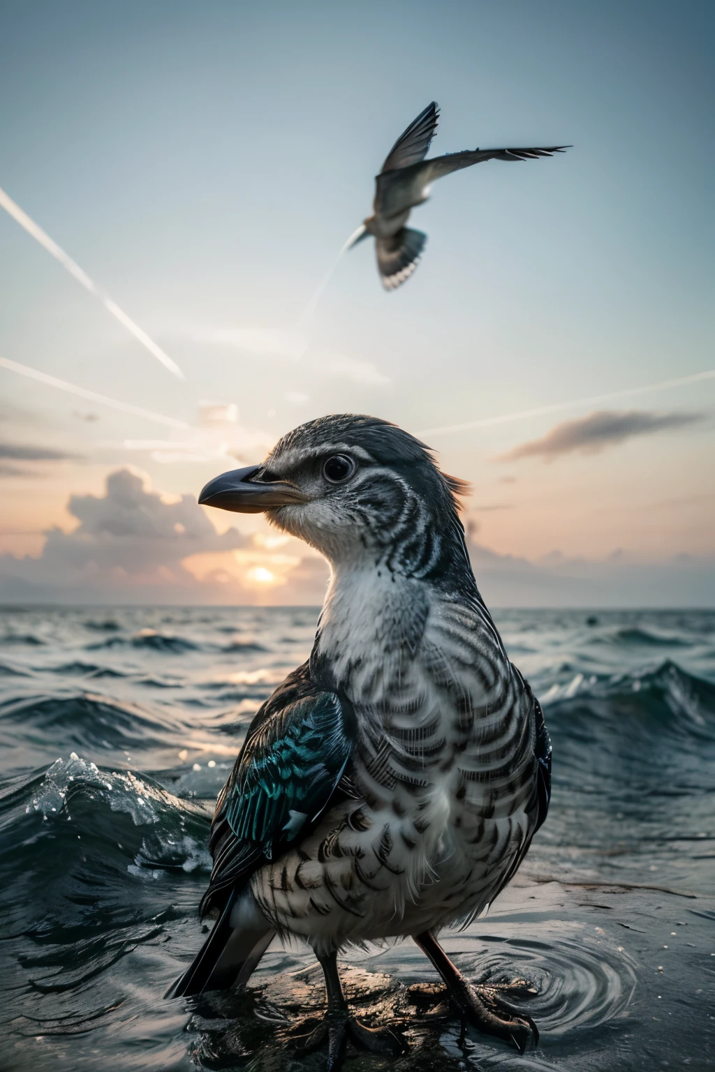Imagine a bird growing up in the sea around the white glowing fibered grass, colorful gradient, beautiful bird, glimpseasterpiece, powerful, beautiful, 4k) ultra-detailed
