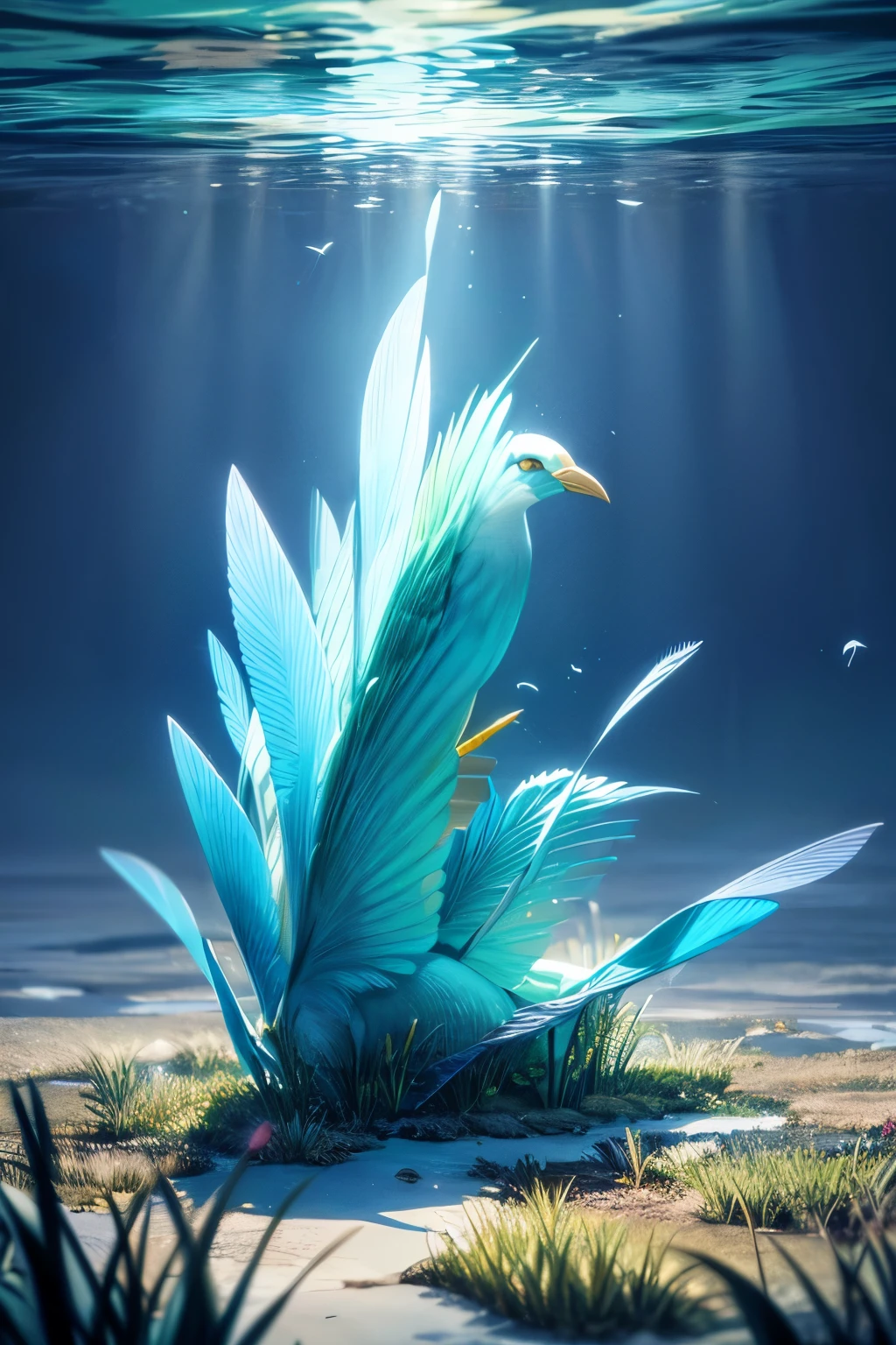 Imagine a beautiful bird growing up in an underwater environment, surrounded by white glowing fibered grass. The scene is filled with colorful gradients, creating a vibrant and mesmerizing atmosphere. The bird itself is a masterpiece, with every detail capturing its power and beauty. The image should be of the highest quality, with 4K resolution and ultra-detailed features.