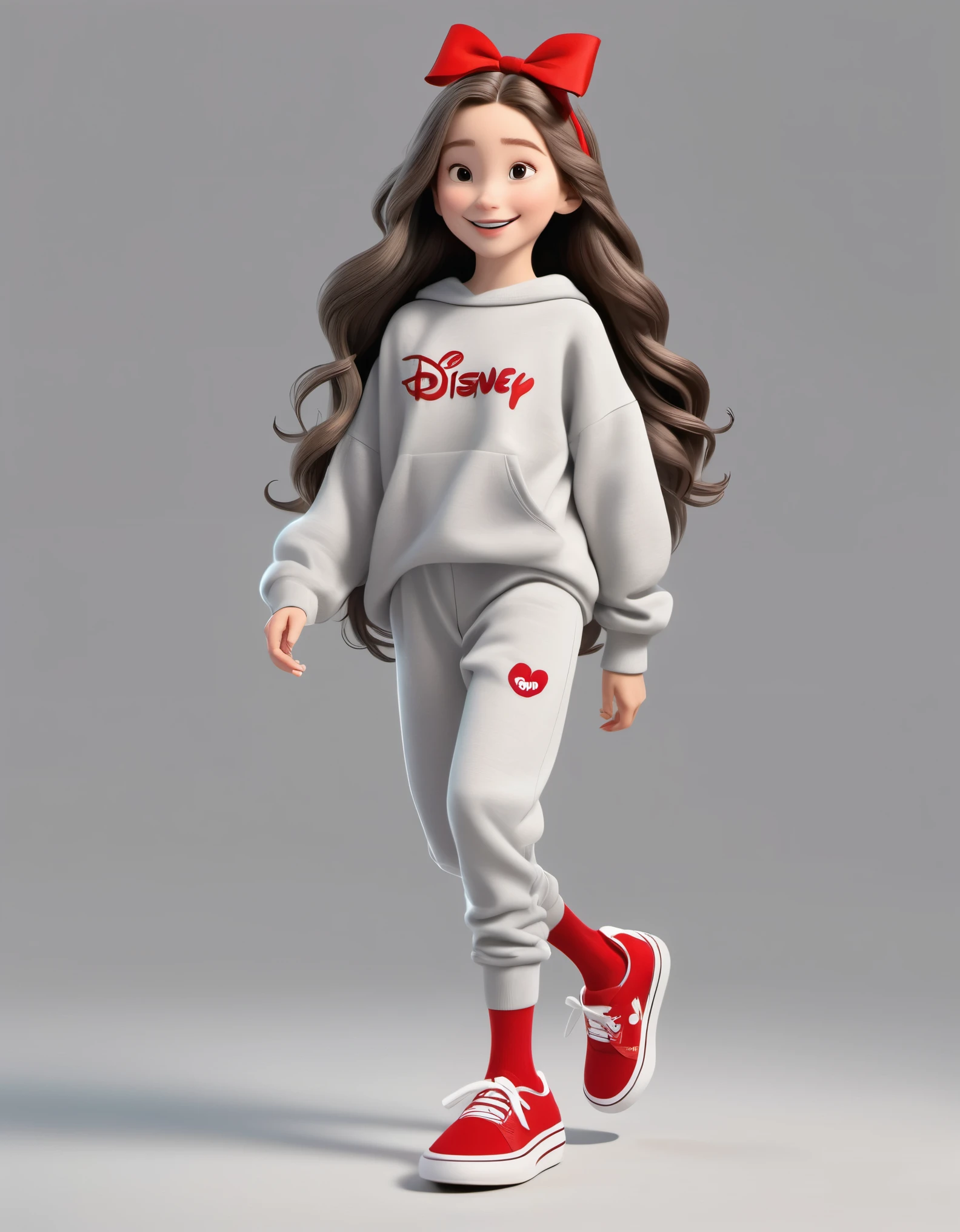 3D character from Disney animation, Pixar style,whole body，Happy girl walking，gray long hair，super long legs，Dynamic stride action，Gray soft simple sweater and very loose sweatpants，white high top shoes，Wearing a red bow，red socks，cinnamic lighting, ray tracing, high details, 3d render ，Spring outing