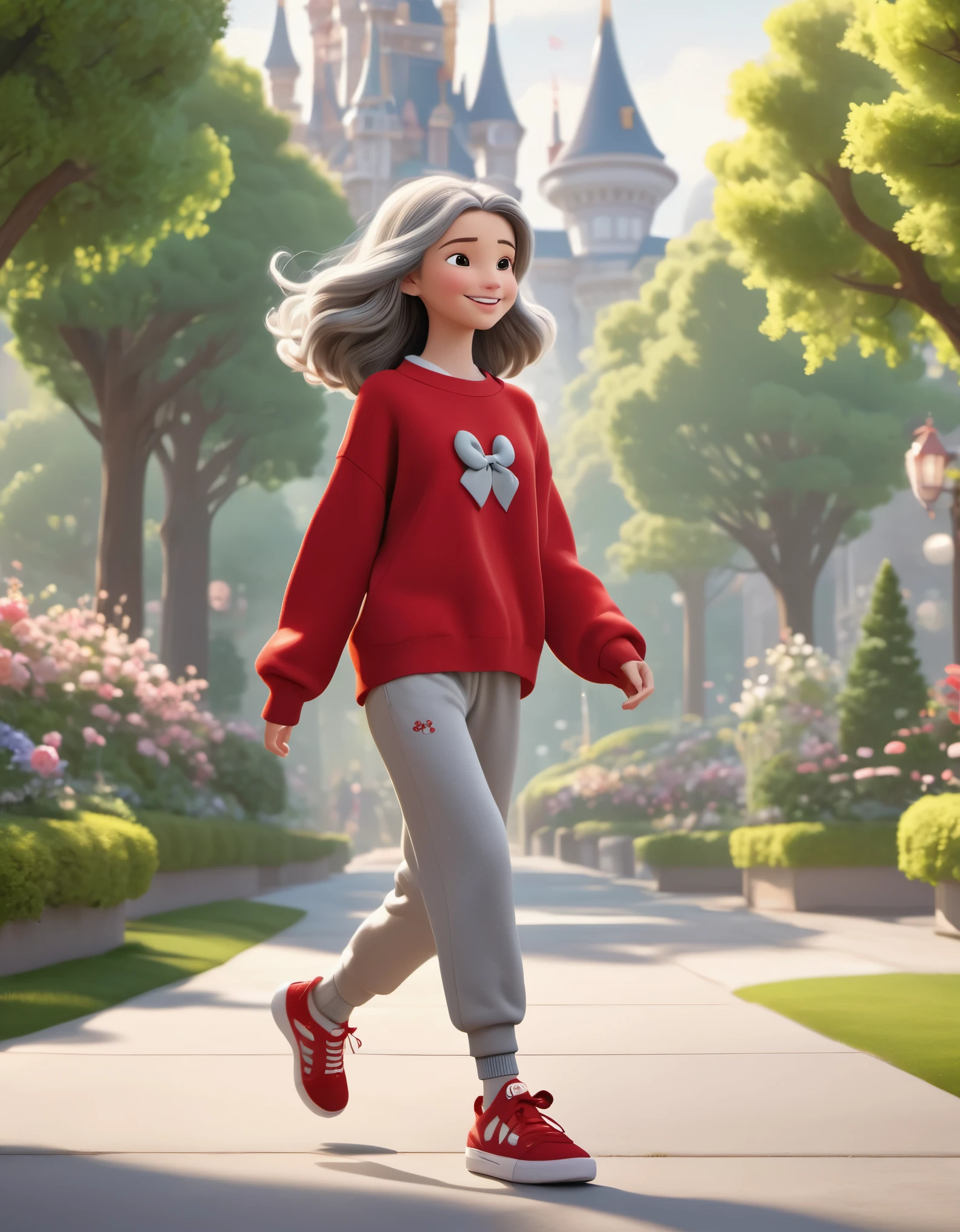 3D character from Disney animation, Pixar style,whole body，Happy girl walking，gray long hair，super long legs，Dynamic stride action，Gray soft simple sweater and very loose sweatpants，white high top shoes，Wearing a red bow，red socks，cinnamic lighting, ray tracing, high details, 3d render ，Spring outing