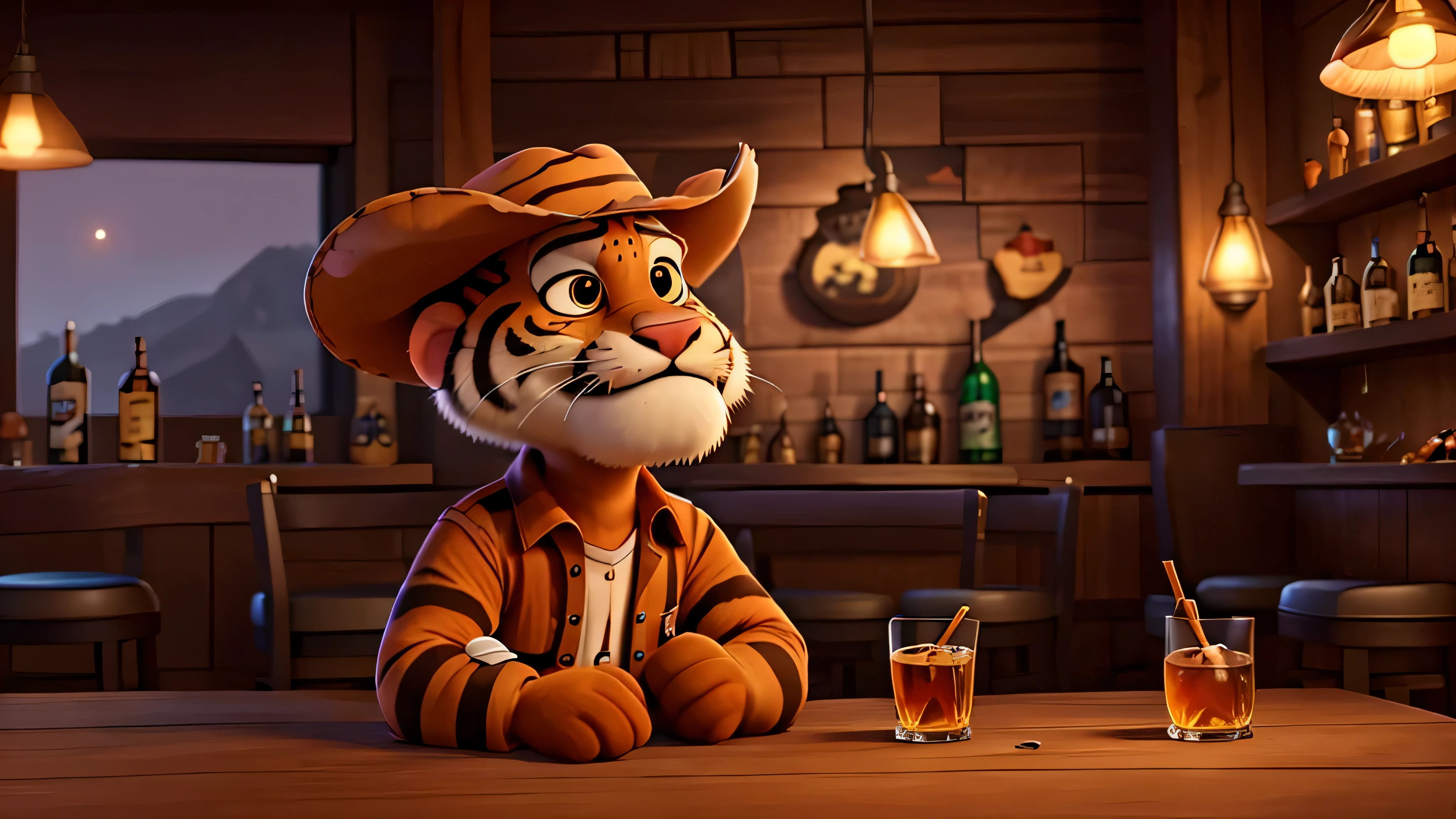 A pixar tiger with a brown cowboy hat sitting in a dark bar at night bar drinking a glass of wiskey. The picture is taken far away from the tiger that sits with his back against the camera