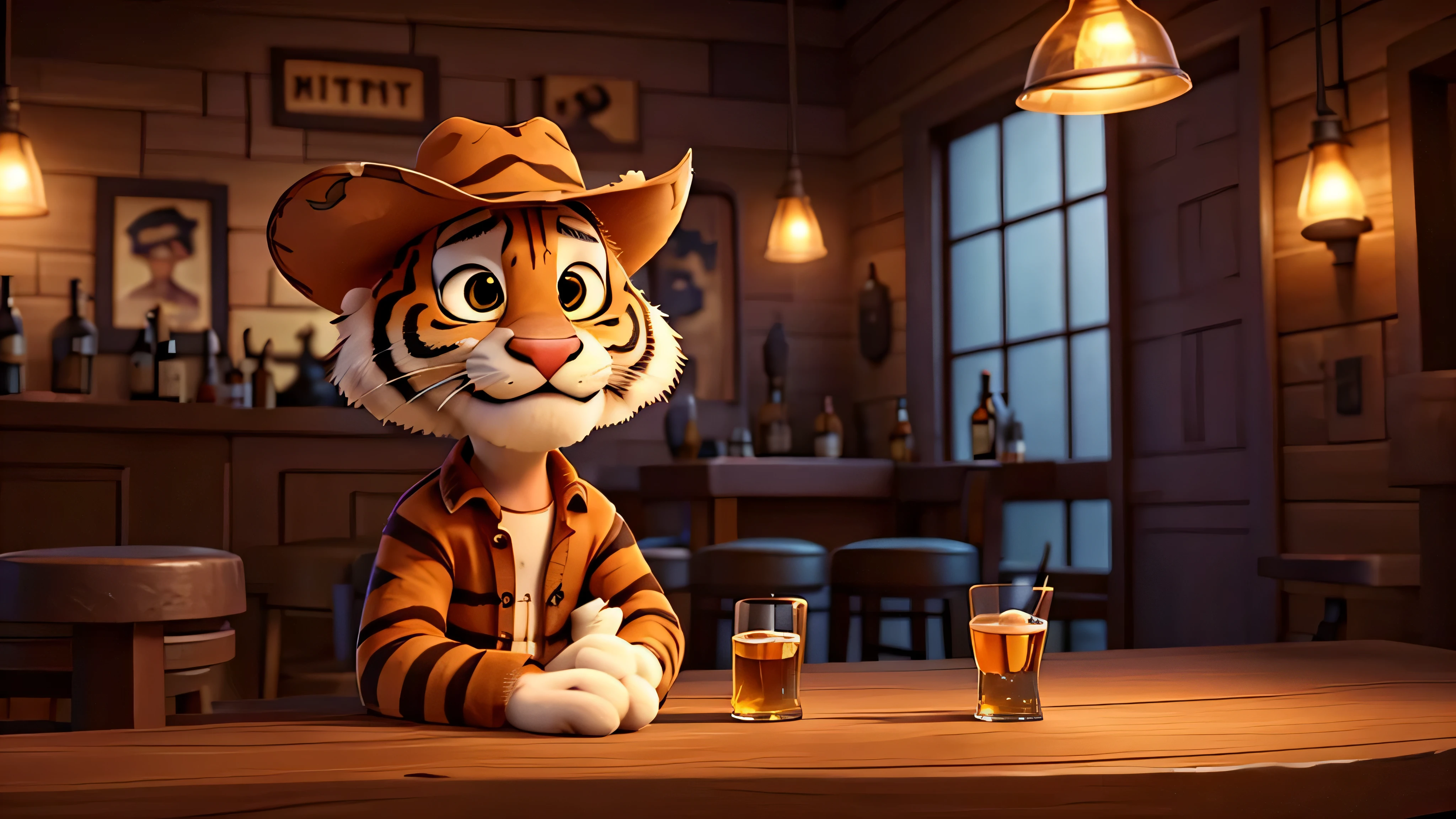 A pixar tiger with a brown cowboy hat sitting in a dark bar at night bar drinking a glass of wiskey. The picture is taken far away from the tiger that sits with his back against the camera