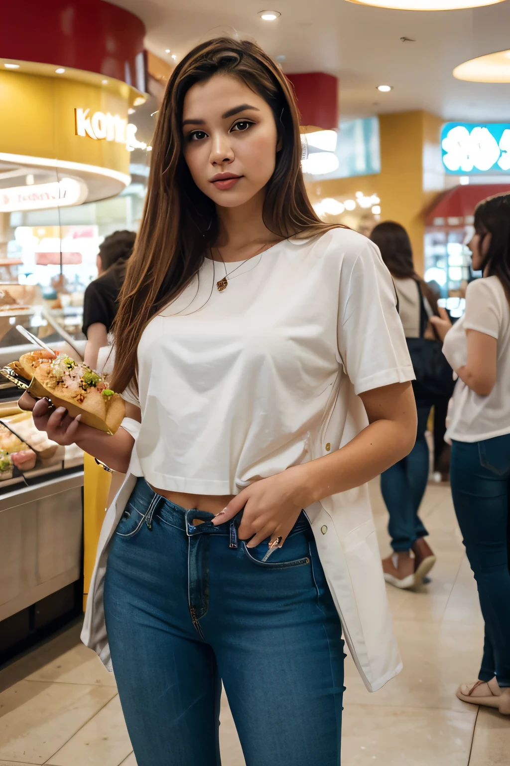 Generate a stunning 4K, ultra-detailed image of a young woman in a mall food court. The scene should capture a wide shot showcasing the full body of a 26-year-old woman with striking beauty. She has long, flowing brown hair and possesses a captivating figure measuring 36-26-38. The woman is elegantly dressed in fitted jeans and a crisp white shirt. The lighting should accentuate her features and attire, creating a vibrant and lifelike appearance. The background should feature the bustling atmosphere of a mall food court, with people milling about and various food stalls visible in the distance. The image should evoke a sense of modernity and sophistication, shot with the aesthetic of Kodak Gold 500 film to imbue it with a timeless yet vibrant quality.