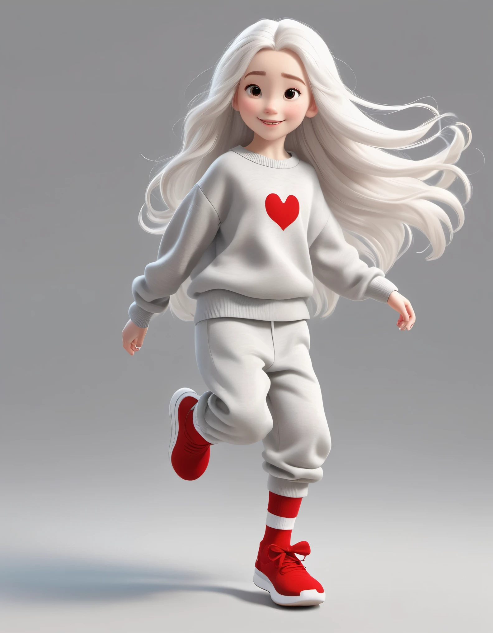 3D character from Disney animation, Pixar style,whole body,Happy girl walking,long white hair,small freckles,long eyelashes,super long legs,Dynamic stride action,Gray soft simple sweater and very loose sweatpants,white high top shoes,Wearing a red bow,red socks,cinnamic lighting, ray tracing, high details, 3d render ,Spring outing