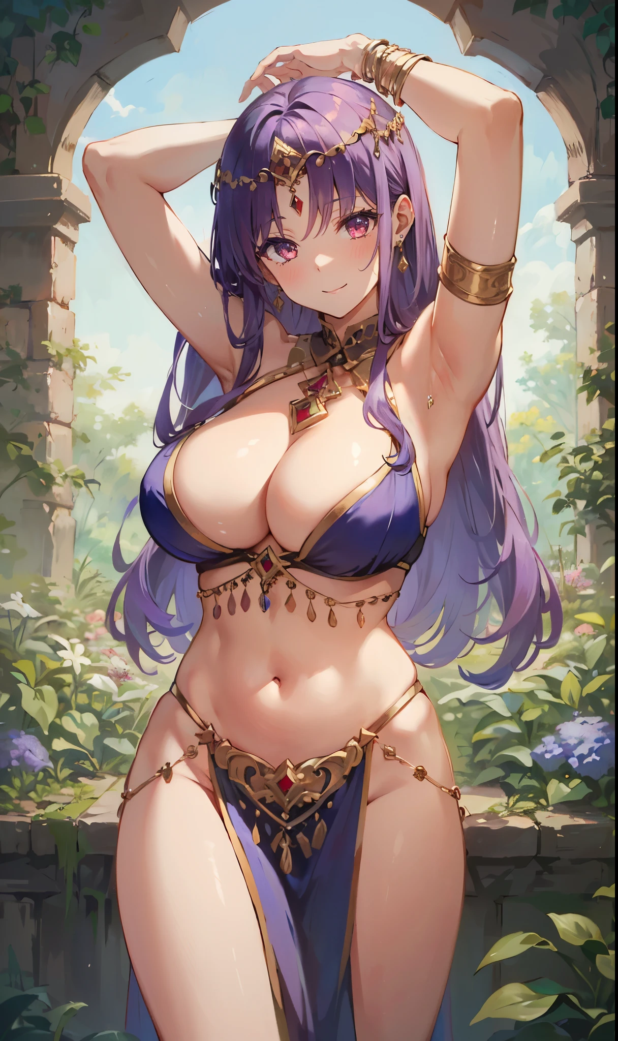 high quality, ultra detailed, best quality, insanely detailed, beautiful, masterpiece, 1girl, garden, medieval Europe, cowboy shot, red eyes, long hair, light purple hair, (belly dancer, harem outfit, pelvic curtain:1.2), purple costume, bare legs, circlet, earrings, armlets, bracelets, bashful smile, dancing, large breasts, cleavage, soft stomach