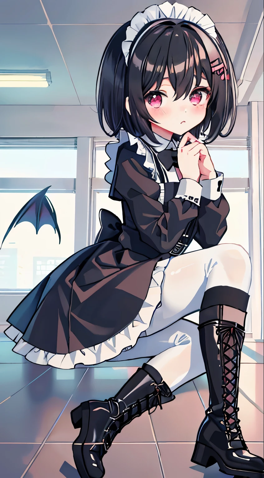 ****，short black hair，maid outfit，Black lace-up boots，white pantyhose，blush shy，classroom scene，demon