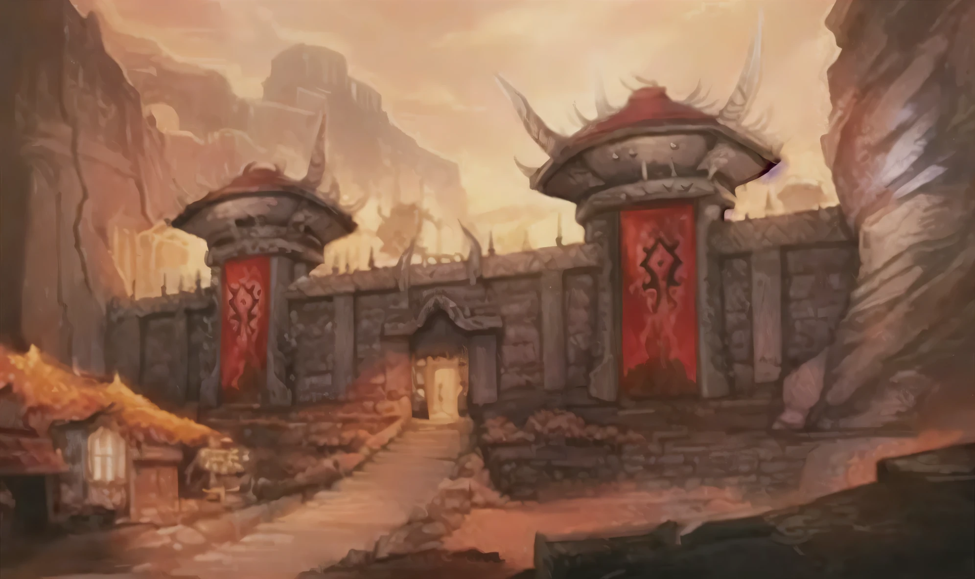 Painting of two doors on stone wall with sky background, World of warcraft concept art, World of warcraft art style, World of warcraft art, warcraft building, Bastion Gateway, World of warcraft风格, Tribal 3D, from World of warcraft, World of warcraft style, colorful warcraft building, warcraft, World of warcraft