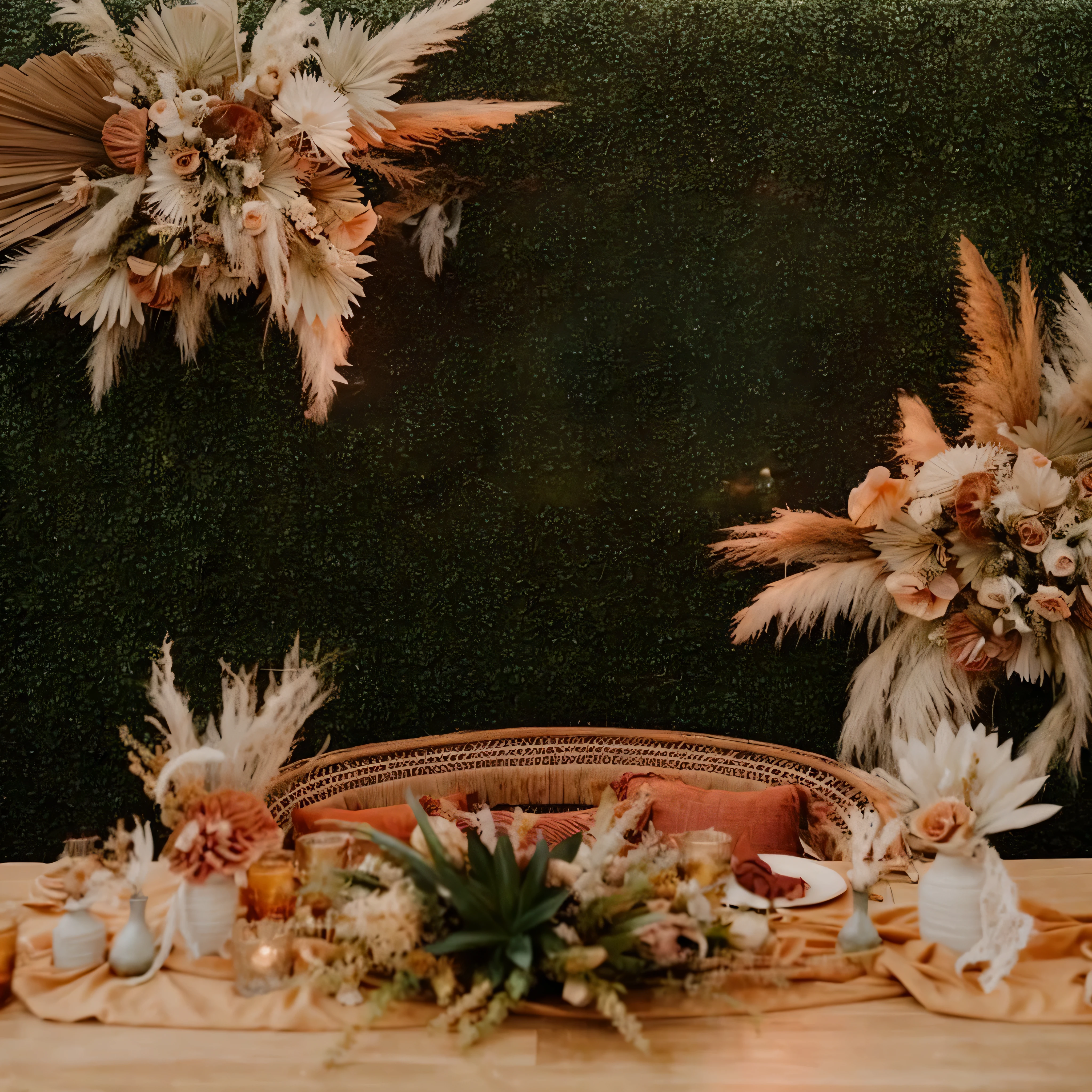 Wedding scenes,There are decorations on the table ，Flower painting background, Dried reed flowers, Dreamy and ethereal atmosphere, Dreamy and detailed, boho neutral colors, 