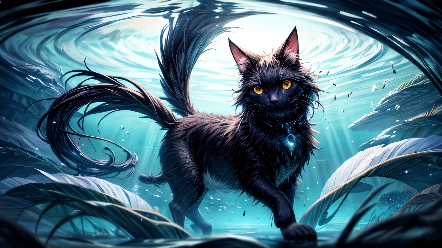 Imagine a beautiful darker black cat growing up in an underwater environment, surrounded by white glowing fiber grasses. The scene is filled with colorful gradients, creating a vibrant and mesmerizing atmosphere. The bird itself is a masterpiece, with every detail capturing its power and beauty. The image should be of the highest quality, with 4K resolution and ultra-detailed features. The empty atmospheric getting a backlighting effect and art flow from the flowing eagered cat around the mighty beauty of cat.