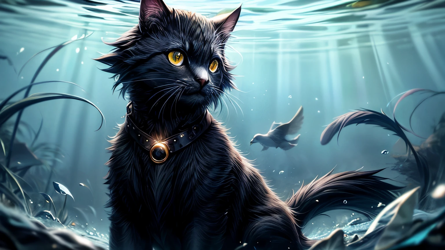 Imagine a beautiful darker black cat growing up in an underwater environment, surrounded by white glowing fiber grasses. The scene is filled with colorful gradients, creating a vibrant and mesmerizing atmosphere. The bird itself is a masterpiece, with every detail capturing its power and beauty. The image should be of the highest quality, with 4K resolution and ultra-detailed features. The empty atmospheric getting a backlighting effect and art flow from the flowing eagered cat around the mighty beauty of cat.