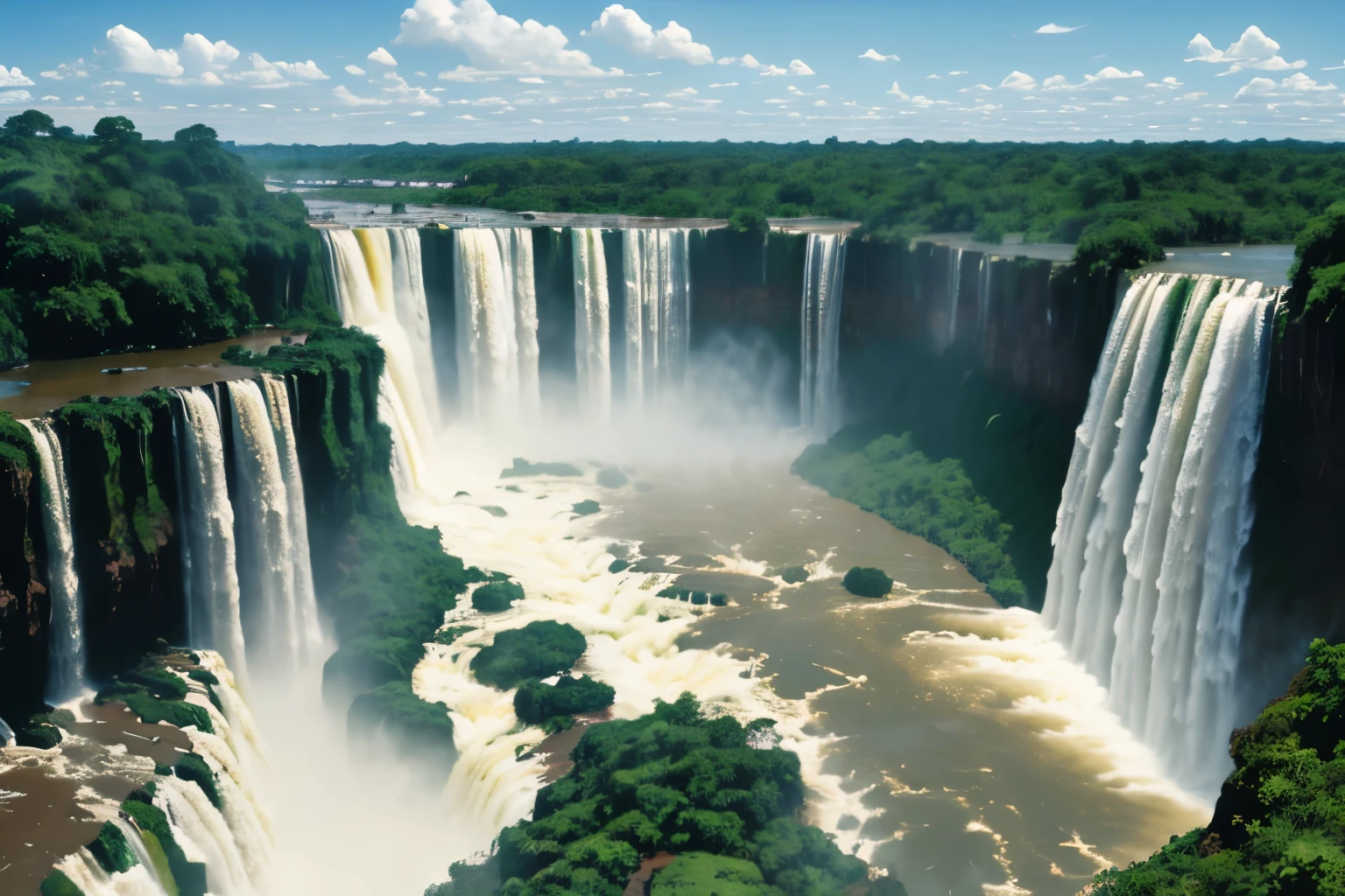 Iguazu Falls, Argentina/Brazil: A breathtaking series of waterfalls straddling the border between Argentina and Brazil, surrounded by lush rainforest and accessible via scenic walking trails and boat rides.