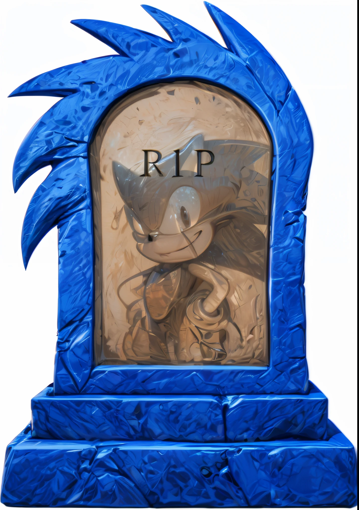 A gravestone with a blue Sonic-like character on it and \"RIP\" written above it.glossy texture, smooth 3d model, multiple light sources, rim light, sharp post effects render, (glossy plastic texture with multiple big light probe refractions), perfect cgi, smooth silhouette, high intensity refraction, (super glossy material), most beautiful vfx, blue background, plastic refractions, realistic, 4k, high resolution, rim light