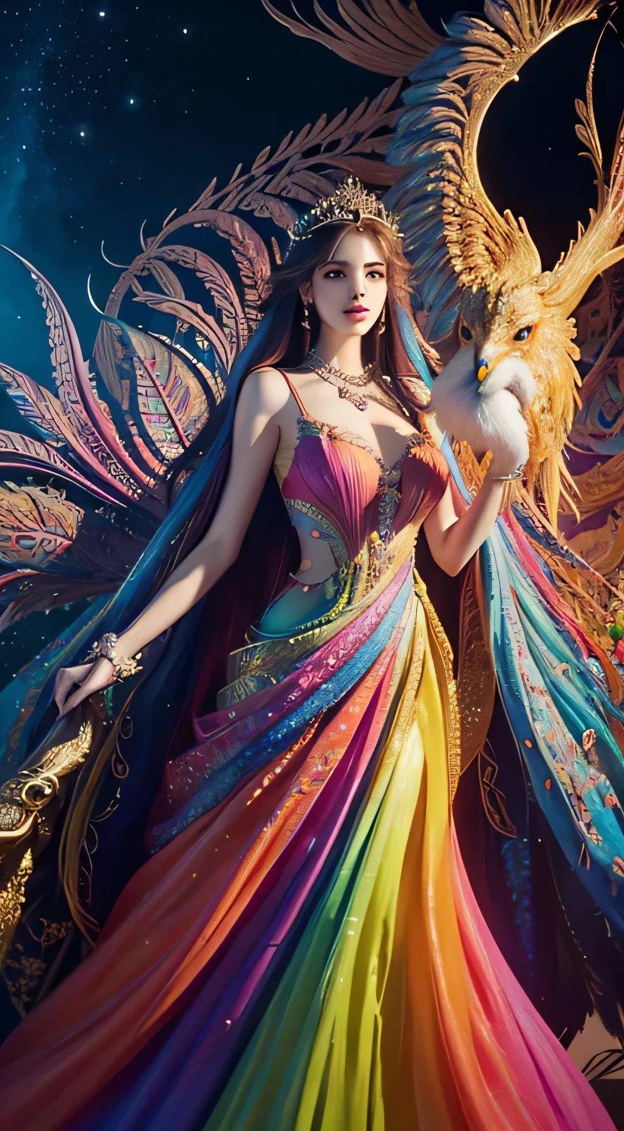 a woman in a colorful dress holding a large bird, 8k high quality detailed art, a beautiful fantasy empress, detailed digital, , 4k highly detailed digital art, detailed fantasy digital art, colorfull digital fantasy art, detailed painting 4 k, 2. 5 d  fantasy artwork, fantasy illustration, beautiful digital artwork,FULL HD,16K