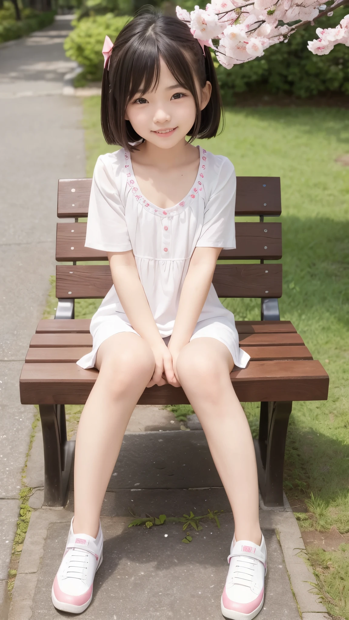 cute woman、cute face、cute smile、10 years old 、full body shot、80mm、well-shaped chest、lazy smile、shrine、torii、cherry blossoms、slim body、beautiful and slim legs、sit on the bench、