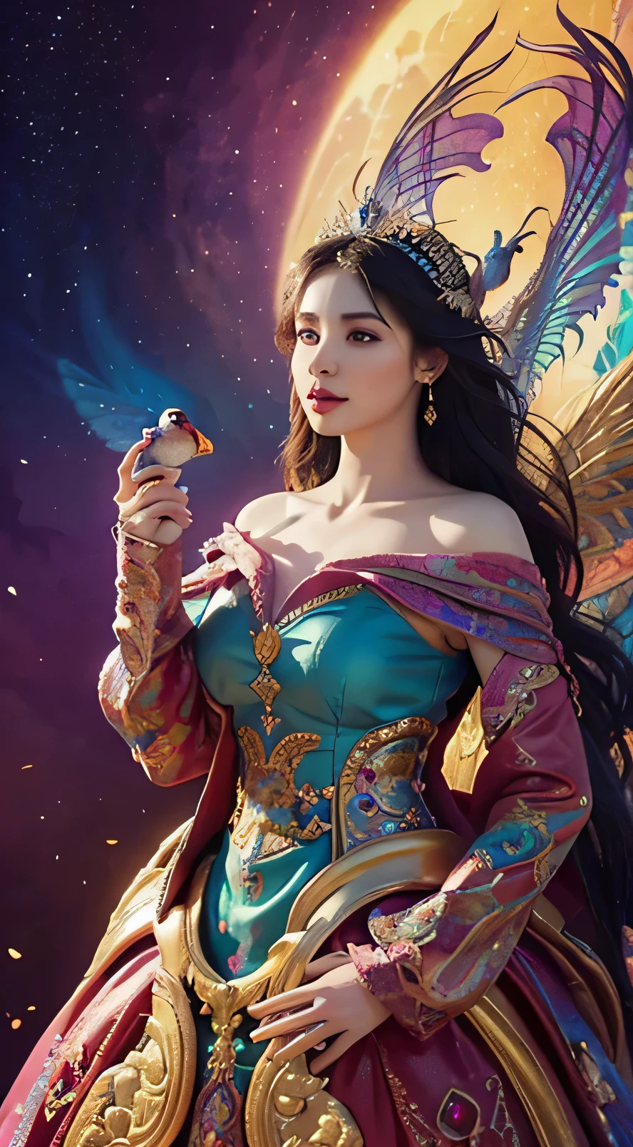 a woman in a colorful dress holding a large bird, 8k high quality detailed art, a beautiful fantasy empress, detailed digital, , 4k highly detailed digital art, detailed fantasy digital art, colorfull digital fantasy art, detailed painting 4 k, 2. 5 d  fantasy artwork, fantasy illustration, beautiful digital artwork,FULL HD,16K