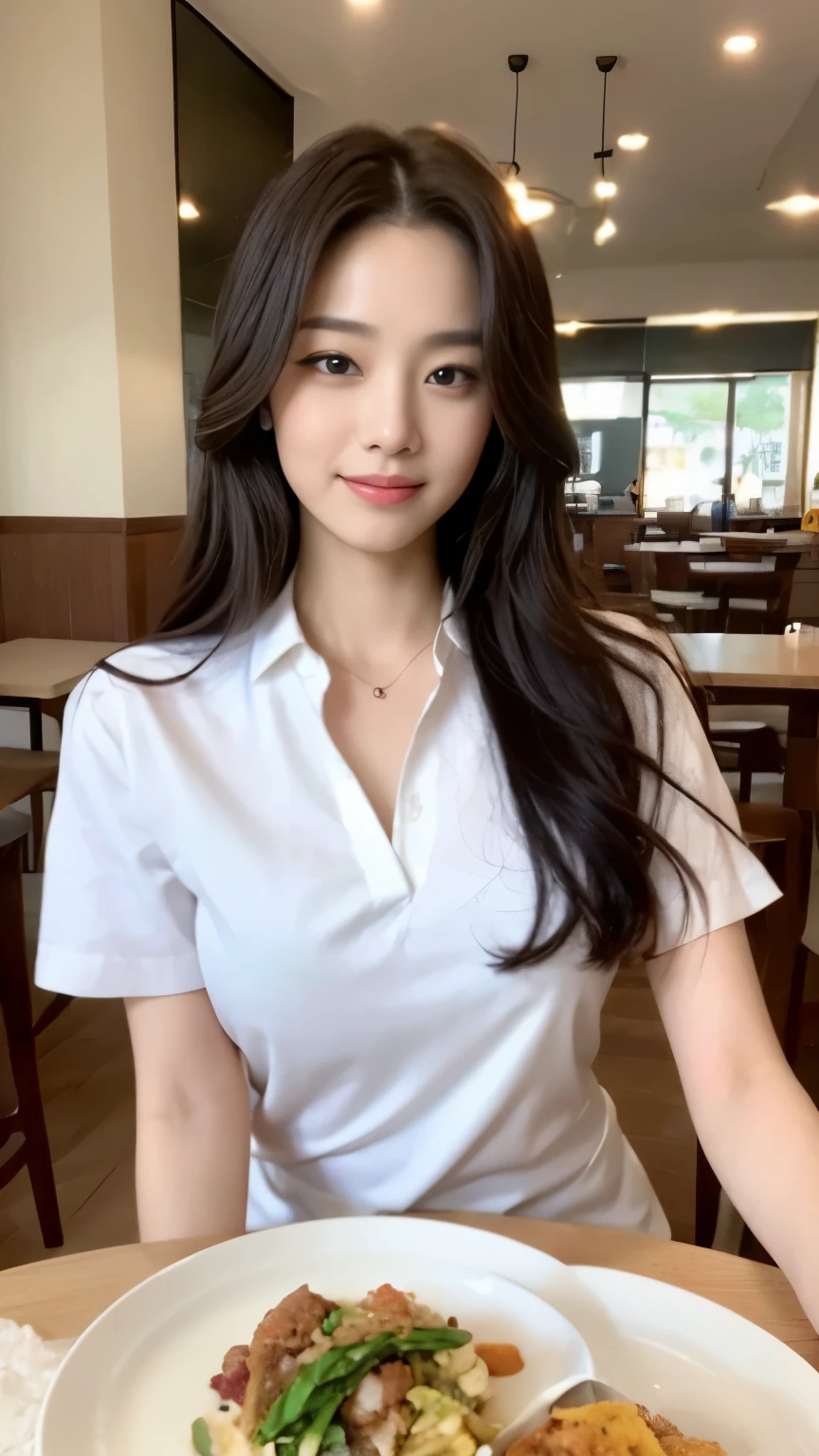 ((top-quality、8k、​masterpiece:1.3))、Beautiful woman with perfect body:1.4、slim abdomen:1.2、Longhair, normal breast, Highly detailed facial and skin texture, A detailed eye, delicate eyes, double eyelid, (smile), (full body shot), ((restaurant)), ((sitting on chair)), ((wearing white uniform)), looking in front, (food on table)