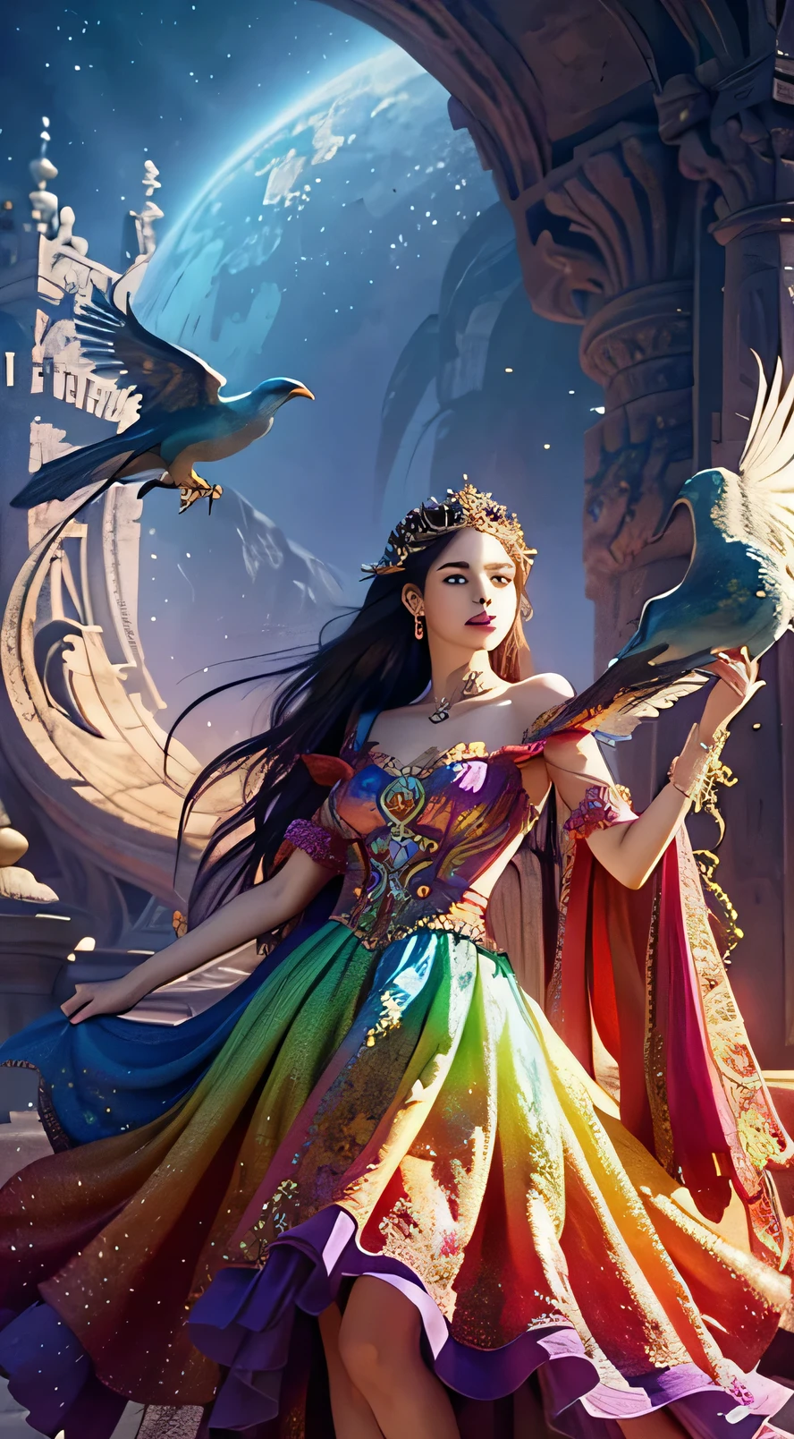 a woman in a colorful dress holding a large bird, 8k high quality detailed art, a beautiful fantasy empress, detailed digital, , 4k highly detailed digital art, detailed fantasy digital art, colorfull digital fantasy art, detailed painting 4 k, 2. 5 d fantasy artwork, fantasy illustration, beautiful digital artwork,FULL HD,16K