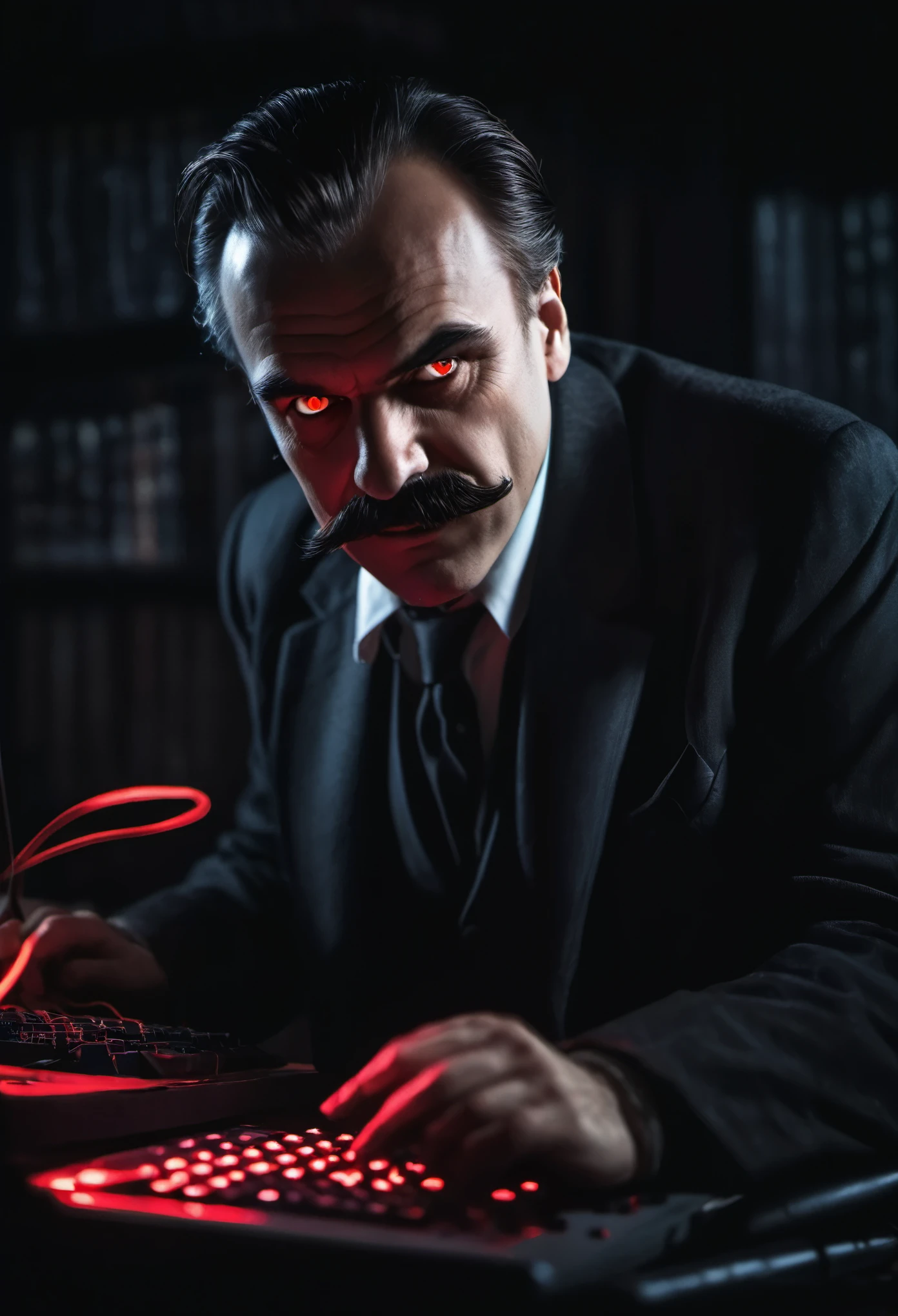 man with a dark and brooding demeanor looking like friedrich nietzsche with a big moustache, with glowing red eyes and a malicious grin, hacking into a powerful computer system with visible electric currents flowing through his body, while ominous shadows surround him, (sinister:1.2), (dark and moody lighting), (ominous atmosphere), (contrast between light and darkness), in the style of Alfred Dehodencq