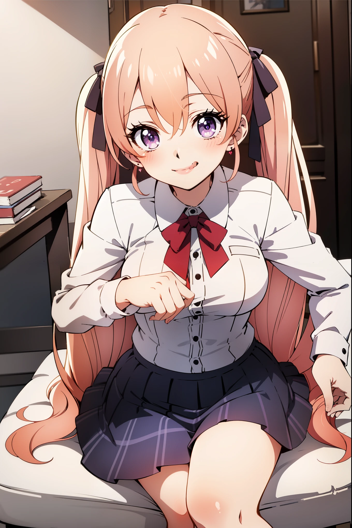 masterpiece, (best quality), 1girl ,solo, erika amano, erika, blond hair, (purple eyes), school uniform, white shirt, skirt, long hair, earrings, jewelry, smile, hair between eyes, embarrassed, blush, beautiful, (perfect eyes:1.1), looking at viewer, bedroom, licking lips, sitting on chair