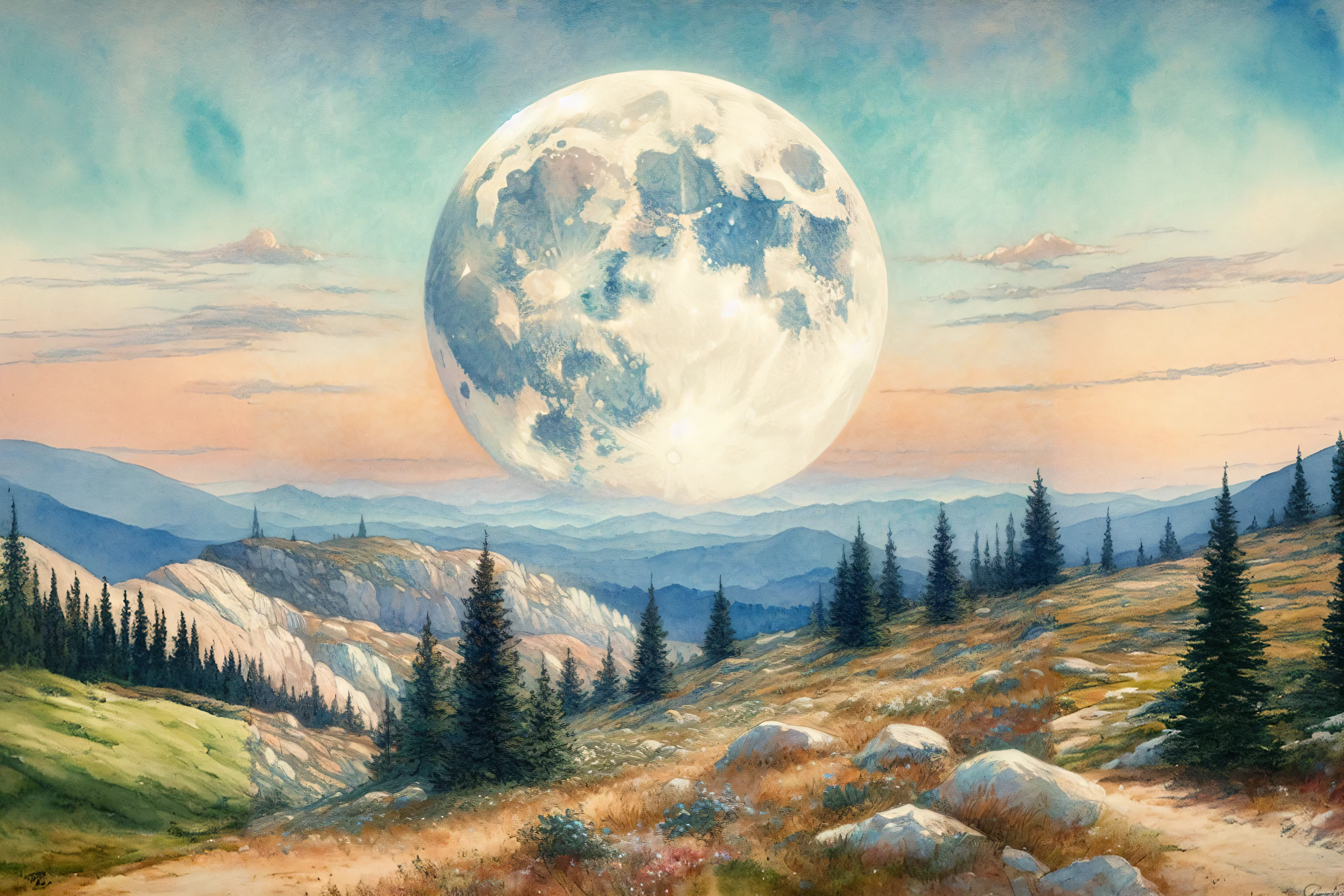 watercolor Painting, full moon over the field and mountains. Monet Painting style.