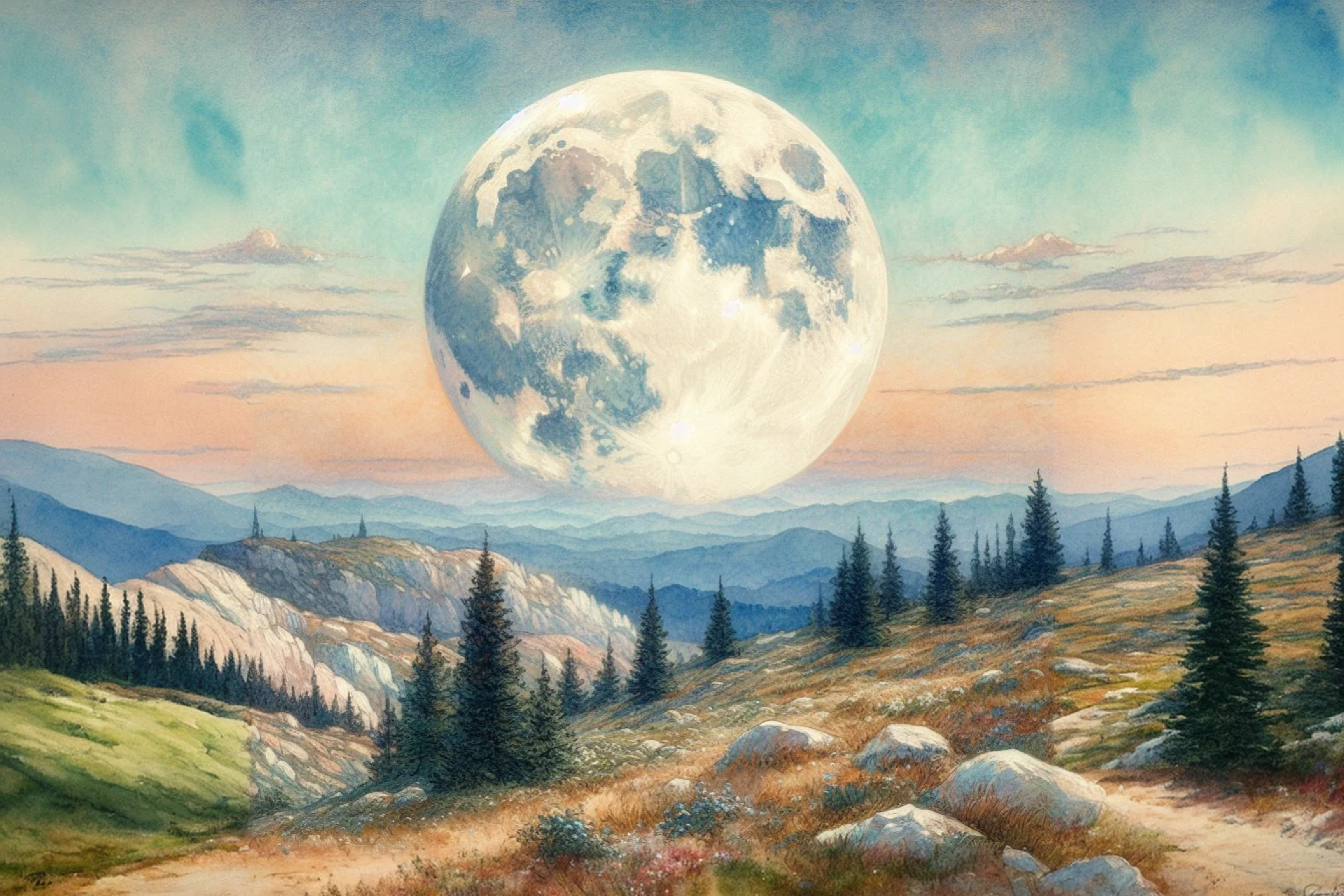 watercolor Painting, full moon over the field and mountains. Monet Painting style.