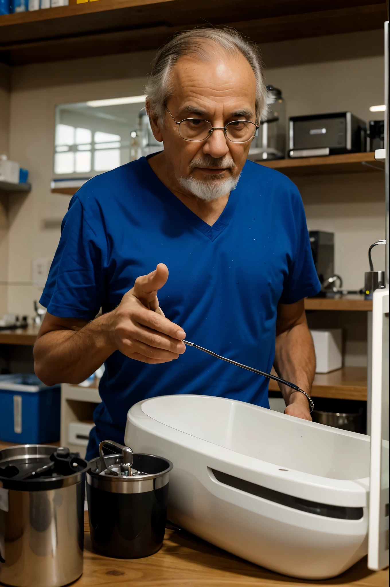 An European old man scientist working in the science lab, Arial shot