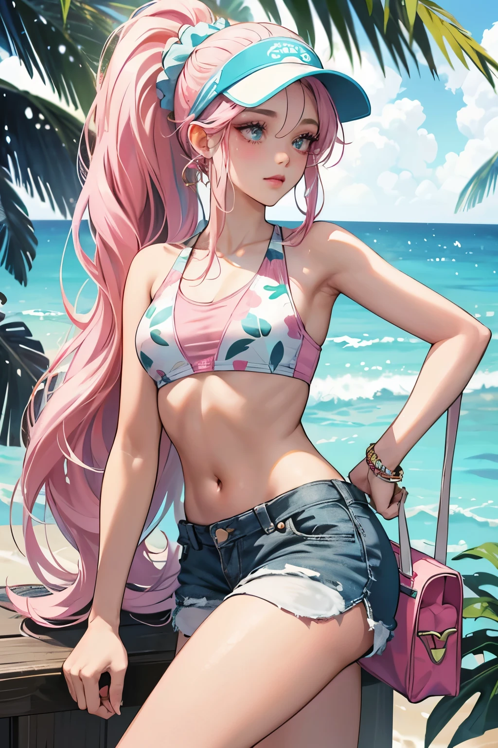 Hali is a tan skinned age girl with a medium build. Her eyes are colored aquamarine, and her makeup consists of capri and grey eyeshadow, soft blush, and deep pink lipstick. She also has long hair colored in a mix of capri, being pulled in a high ponytail. She wears a two-piece varying shaded capri swimsuit with a darker tropical plants pattern. On top of this, she wears capri shorts. For her footwear, she wears white slippers with graphic word patterns and a gold design. For her accessories, she wears a dark capri visor with a similar pattern from her swimsuit. She also comes with a transparent handbag with capri details. She also wears dark capri sunglasses and a dark capri and white scrunchie