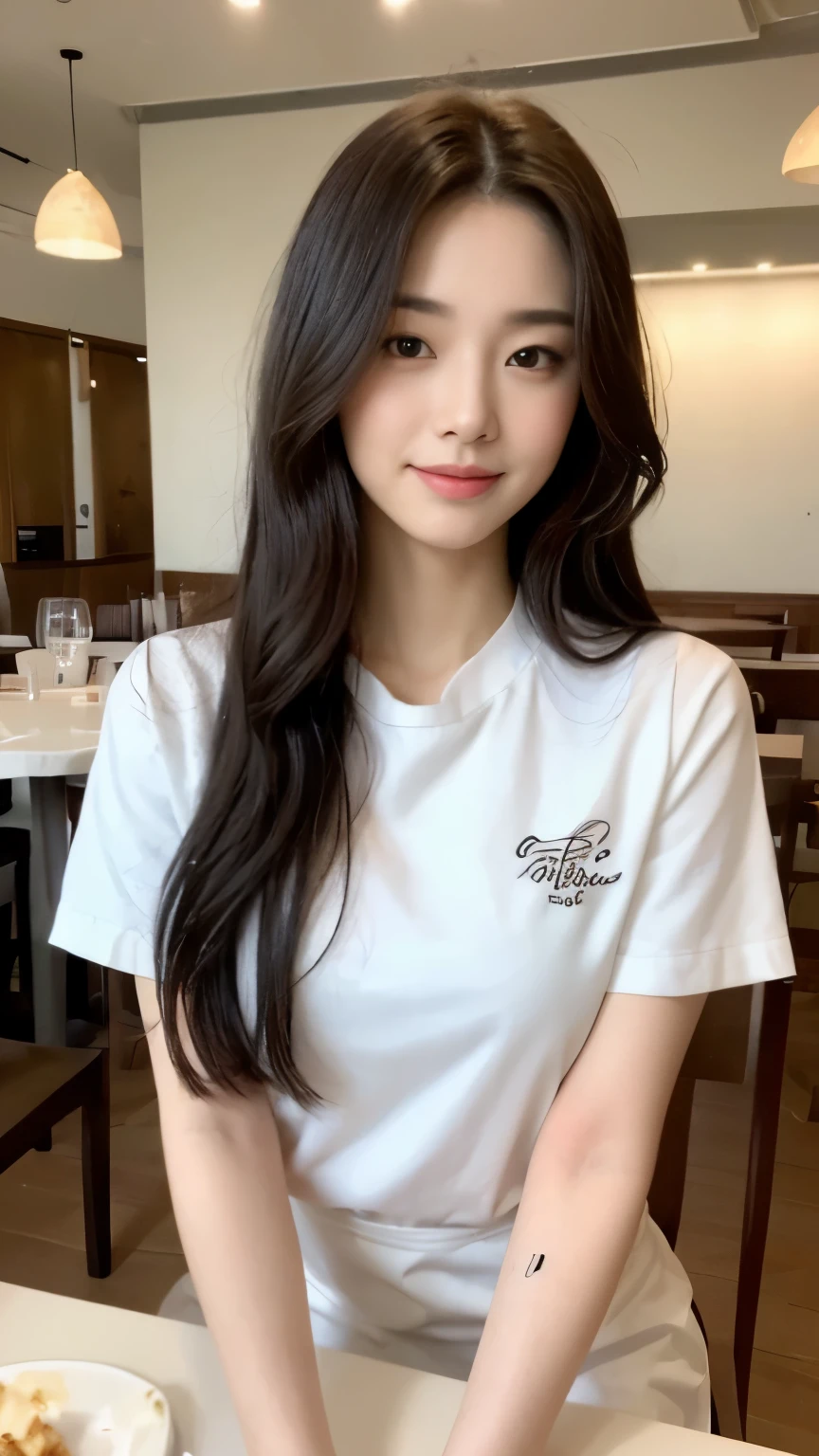 ((top-quality、8k、​masterpiece:1.3))、Beautiful woman with perfect body:1.4、slim abdomen:1.2、Longhair, normal breast, Highly detailed facial and skin texture, A detailed eye, (smile), (full body shot), ((restaurant)), (sitting on chair), (((wearing t-shirt with jecket)), looking in front,