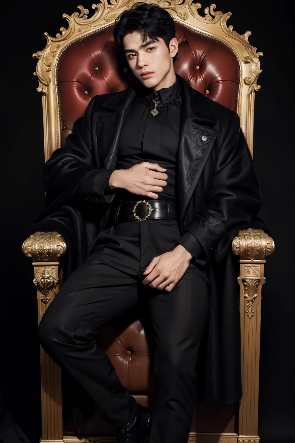masterpiece: 1.2, best quality), realistic, (real image, intricate details, depth of field), (1boy, solo), makeup, lips perfect, highly detailed, perfect face, (skin dentition), thick thighs, wide hips, small waist, and huge black hair, wearing black pant coat, king, sexy, dye, seductive, black, male, male, man, man, throne behind background, various hero pose,  Pose of man, crown, coronation, full body shot 