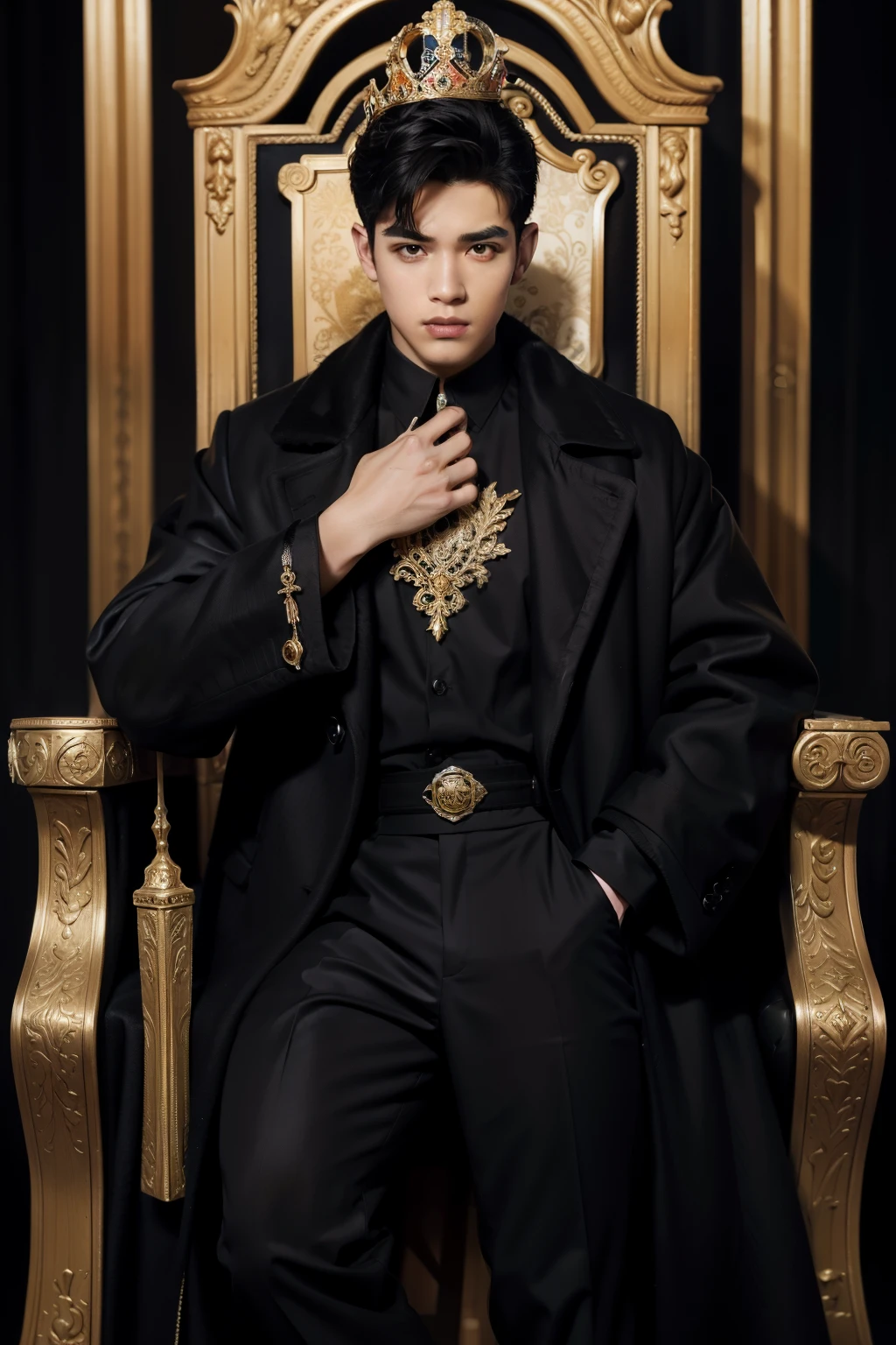 masterpiece: 1.2, best quality), realistic, (real image, intricate details, depth of field), (1boy, solo), makeup, lips perfect, highly detailed, perfect face, (skin dentition), thick thighs, wide hips, small waist, and huge black hair, wearing black coat, revealing muscle, 6 pack, king, sexy, dye, seductive, black, male, male, man, man, throne behind background, various hero pose, Pose of man, crown, coronation, full body shot