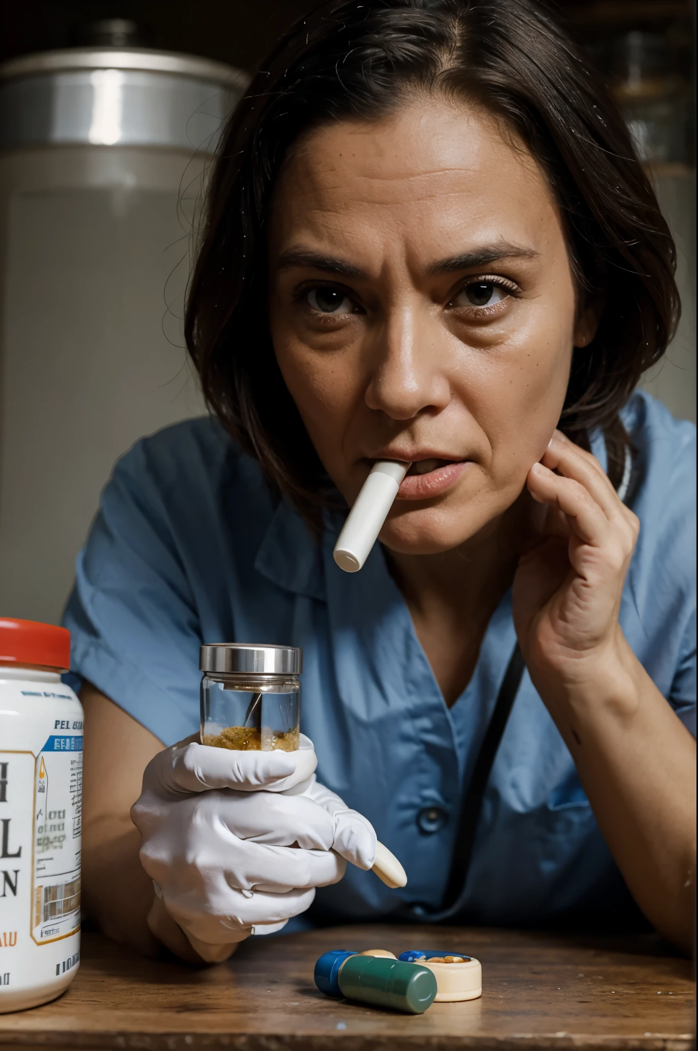 An old Scientist is eating a pill capsule