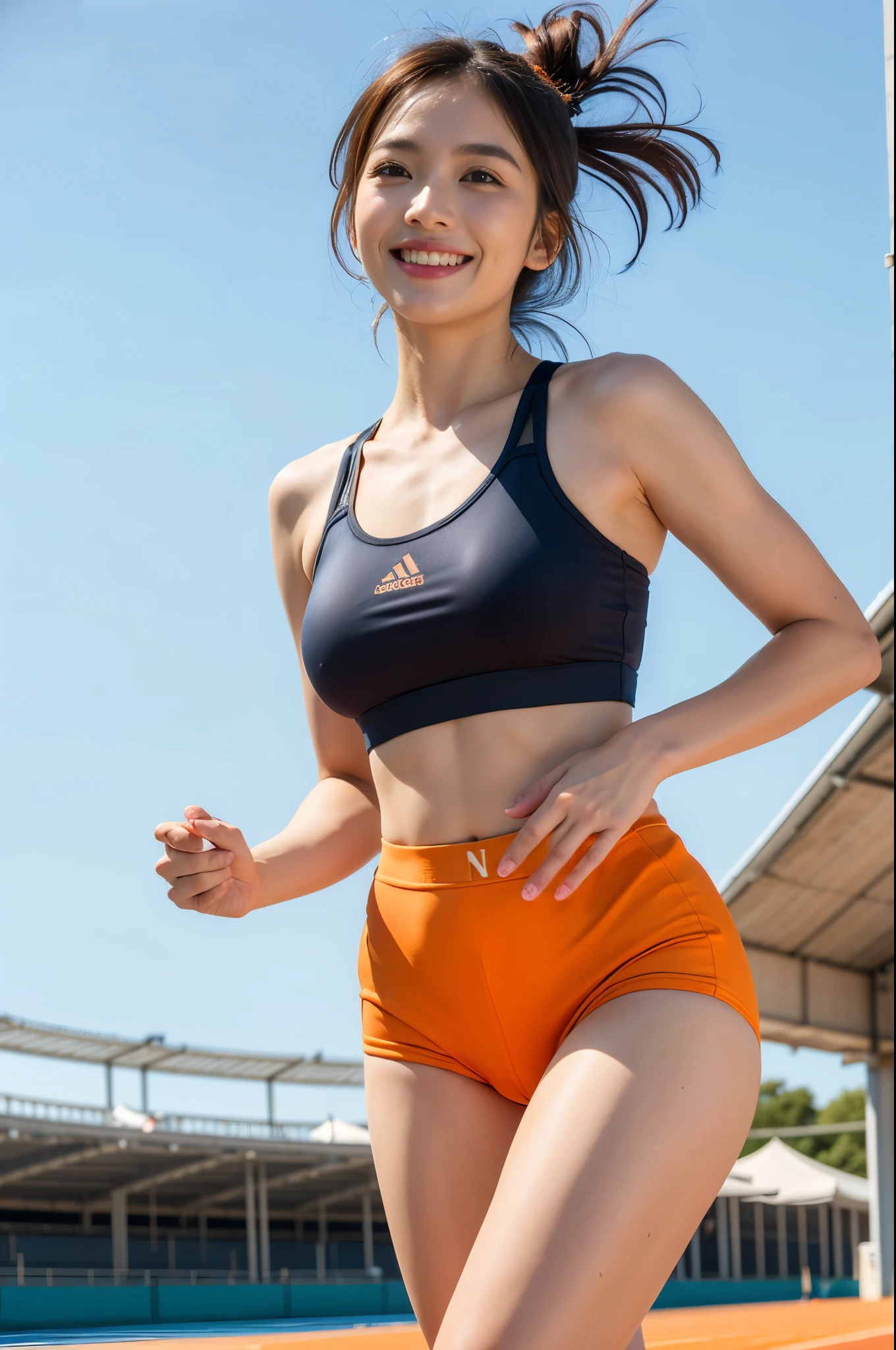 4k, 1 girl, (最high quality: 1.35), high quality, realistic photos, realistic, Super detailed, (High resolution:1.35), sharp focus, RAW photo, (Depth of the bounds written), (f1.2:1.45),
break,
(athletics stadium), (blue sky:1.2),
break,
(smile), wink, (one beautiful woman:1.33), beautiful expression, realistic, (beautiful eyes:1.3), (double eyelid), (detailed face:1.3), (long face:1.3), (shiny hair:1.2), (black hair:1.35), (short hair:1.2), 20th generation,
break,
(cowboy shot:1.5), (running:1.45), physical sporty, (big breasts:1.2), Beautiful woman, cute belly button, (Beautiful thighs:1.4), (thighs:1.3), round butt, big ass, model, arms stretched to the sides, (well-proportioned limbs),
break,
(Orange bloomers for sprinters:1.45), (No-frills athlete bloomers:1.2), (orange sports bra for sprinters:1.45),