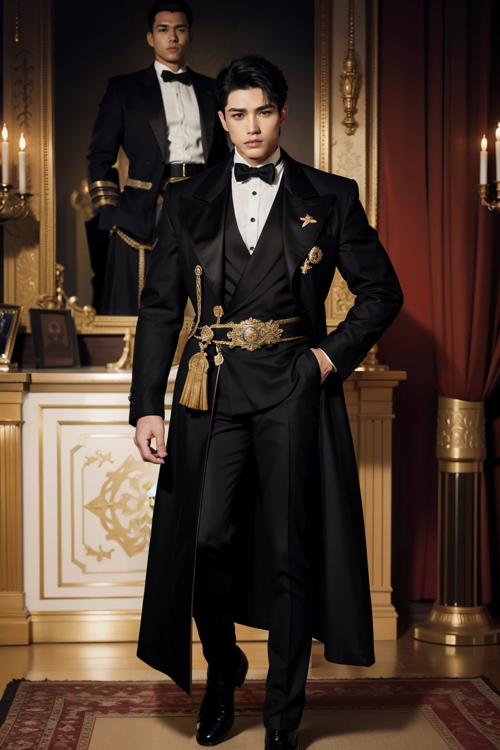 masterpiece: 1.2, best quality), realistic, (real image, intricate details, depth of field), (1boy, solo), makeup, lips perfect, highly detailed, perfect face, (skin dentition), thick thighs, wide hips, small waist, and huge black hair, wearing black coat, revealing muscle, 6 pack, king, sexy, dye, seductive, black, male, male, man, man, throne behind background, various hero pose, Pose of man, crown, coronation, full body shot