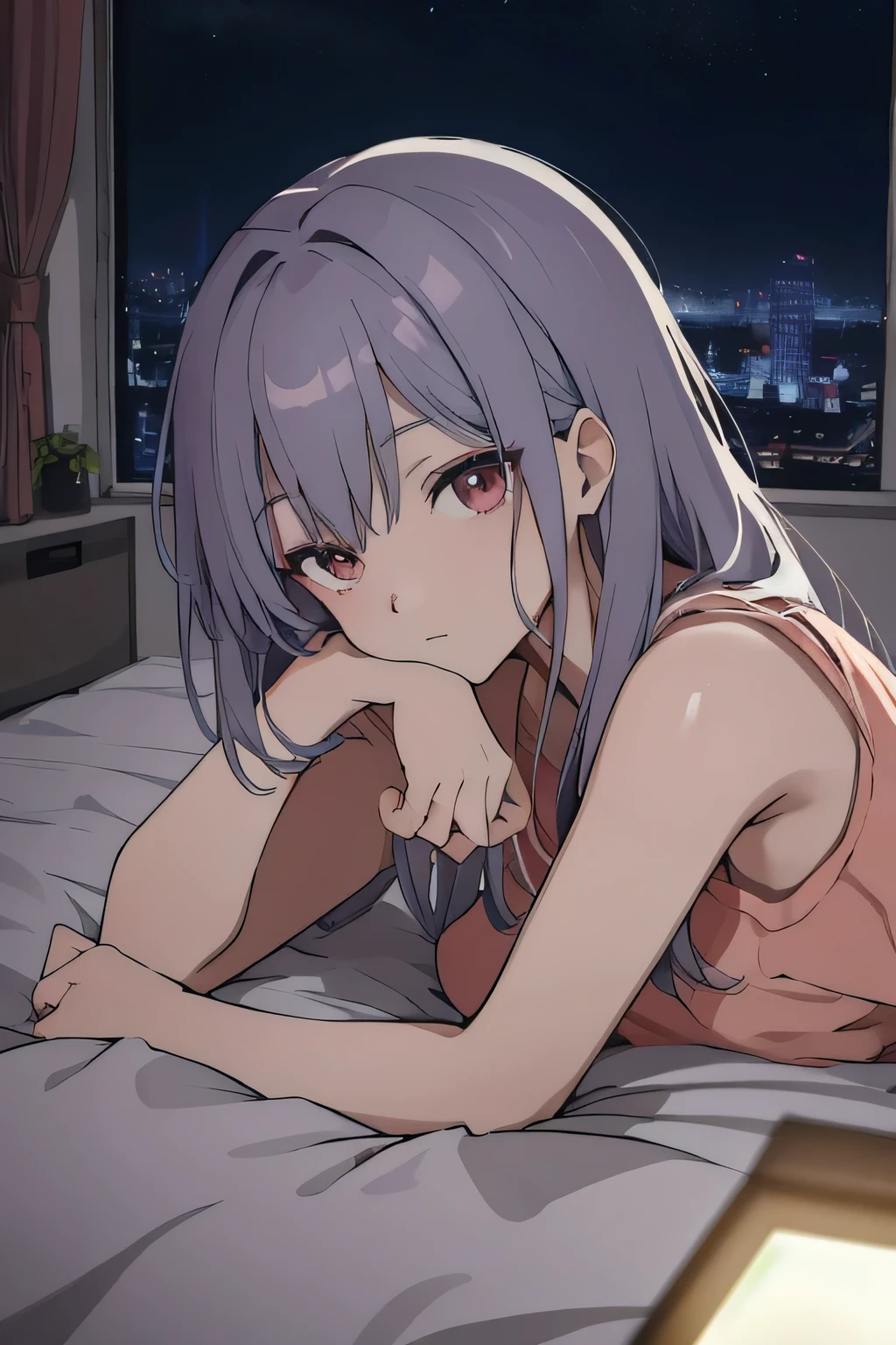 Scene View,null,anime style,on the bed, lights in the house ,night,, headrest, Intense angles, bow,