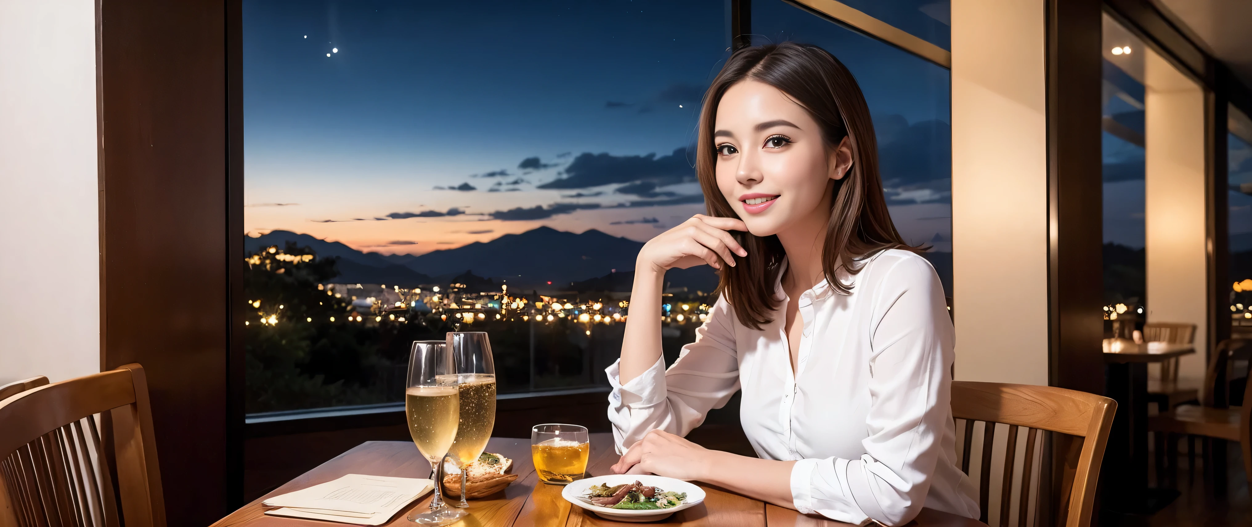 64k, Hmm, highest quality, masterpiece: 1.2), (realistic, photorealistic: 1.37), Spectacular view of the sunset sky and clouds、Amazing mountain views、3 slim beauties, (slim face),Happy、 the best smile、Fox face、Berry Short、(because I'thin), (brown hair), (shortcut), long sleeve shirt、winter fashion、Colombian、Brazilian、Japanese、Dutch、German、Portuguese、Belgian、Italian、French,Champagne、sparkling wine、 (squirt), (slim body), (brown hair), (shortcut), neat beauty、cheeks turn a little red, (35 years old), 38 years old, alone, A beautiful and detailed night view spreads out outside the window....., restaurant, wine glass is sitting, At night, in a prominent place (from the Upper body) nova frog style, actress, model, Upper body, White wine, slim, wine glass, Very beautiful night view, wine glass Put in the Middle, Happy smile, (smile: 1.15),