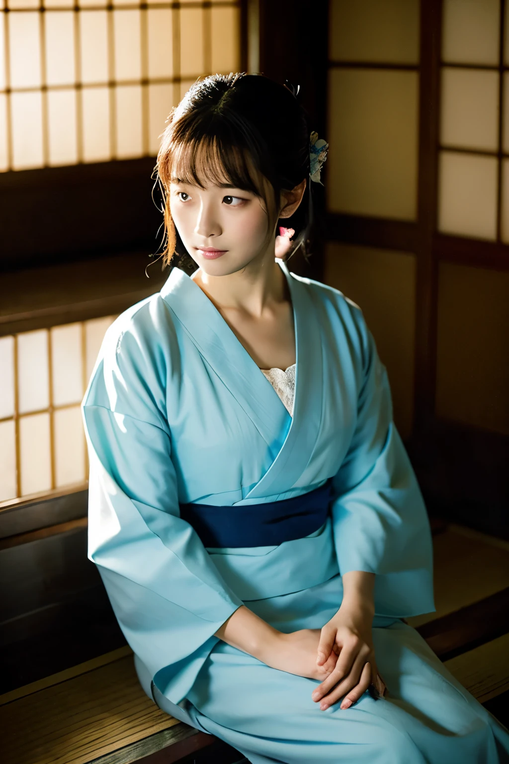 under the moonlight、A fragile-looking beautiful girl sits in the corner of an old-fashioned Japanese-style room with her chest slightly exposed.。She wears a light colored kimono、Staring into the distance with a fleeting expression。The surroundings are quiet、Her delicate figure stands out even more。The room feels old、A few classic Japanese ornaments can be seen around her.