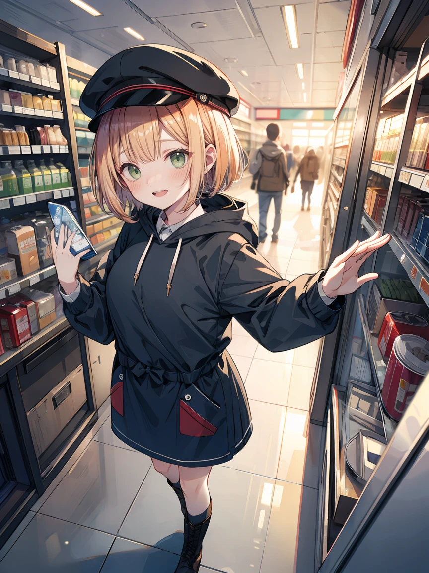 ((8Kmasterpiece,highest quality)), ultra high resolution,(masterpiece: 1.4),hyper detail 
BREAK (1 girl),beautiful face,artistic makeup,perfect ,ultra-detail face, outstretched_arms, outstretched_hand
BREAK (light green eyes),(sleepy eyes:1.3),close-set eyes,narrow-angled eyes,hooded eyes,beautiful and delicate eyes,thin and long eyelashes,
BREAK (orange hair),(long curl nape hair:1.2),(short bob hair)
BREAK (condescend laugh:1.3),(embarrassed:1.2),great joy
BREAK (big breasts:1.2),(thin waist),(big thights:1.2)
BREAK gray hoodie,short denim,brown boots,black cap,silver accessory
BREAK (hand up:1.2)
BREAK (convenience store:1.2),particle of lights
BREAK motion blur,written boundary depth,spectacular panoramic view,(vignette light:1.2),(looking viewer:1.2),shot from above
