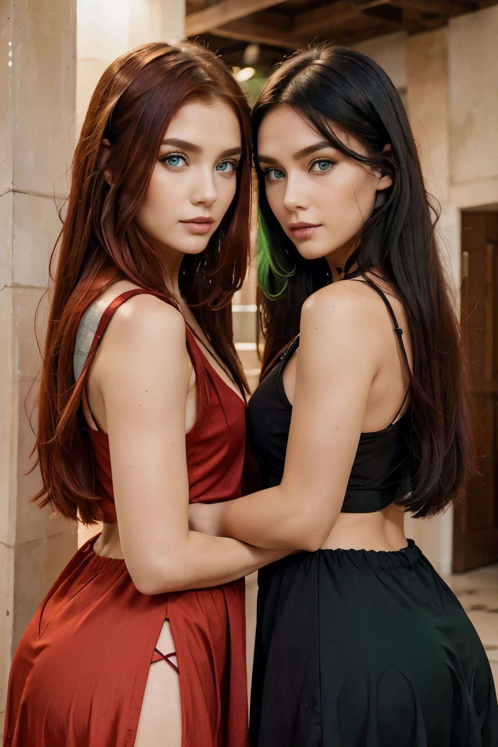 Twins, one with bule eyes, red hair, the other with green eyes and black hair,