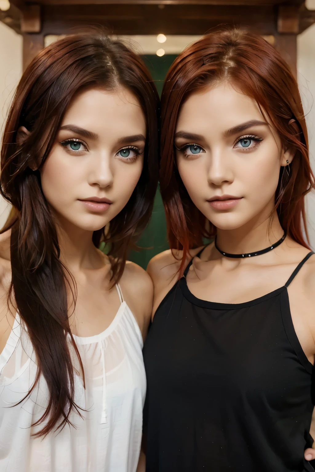 Twins, { bule eyes_red hair_green eyes_black hair}, 