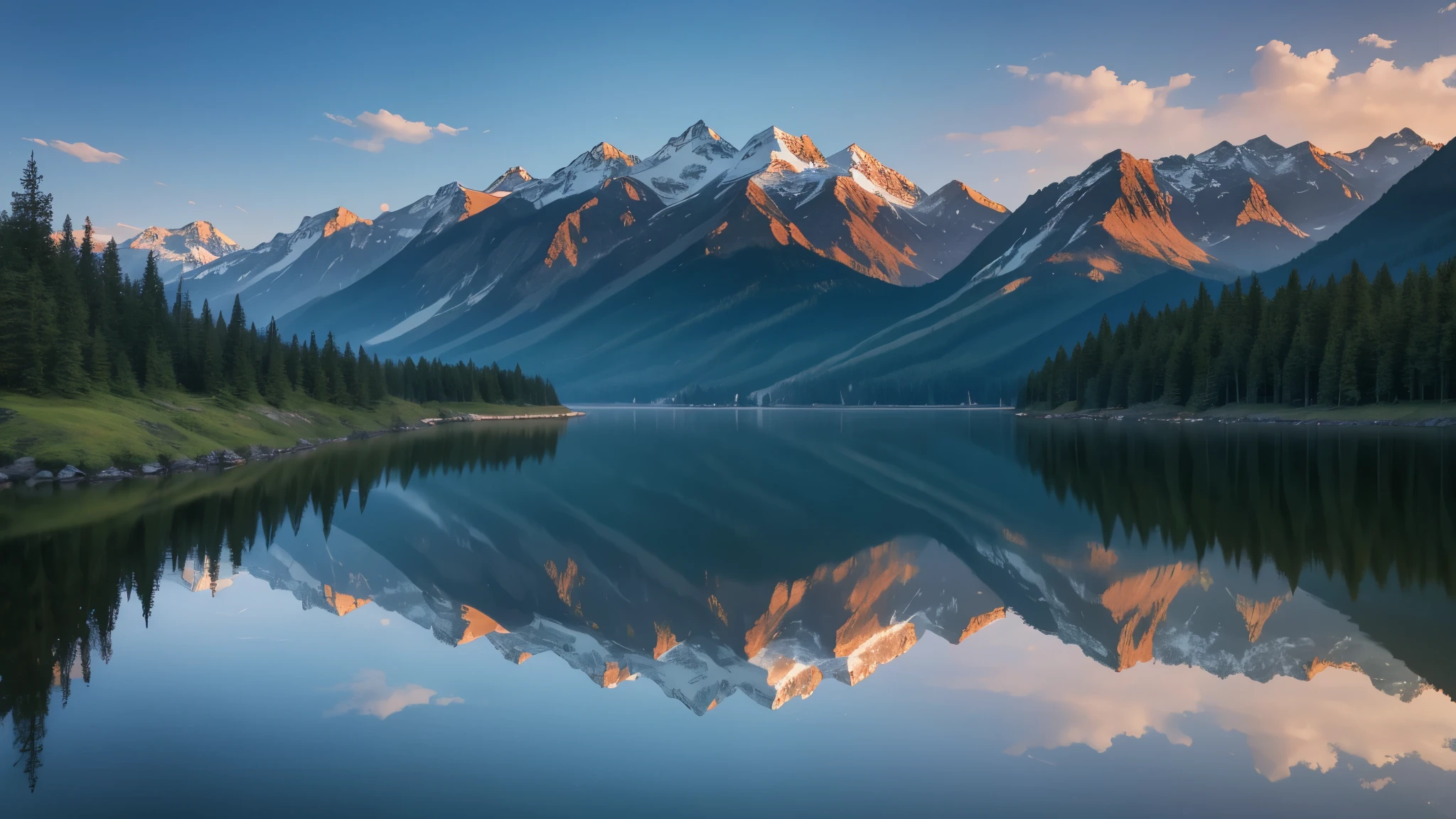 Realistic photography, beautiful, landscape, symmetrical, forest, mountains, lake, symmetrical reflection of the view in the water mirror, beautiful symmetrical reflection, blurred line between the real view and the reflection in the water, mythical view, breathtaking view, real, 4k, landscape, panorama,