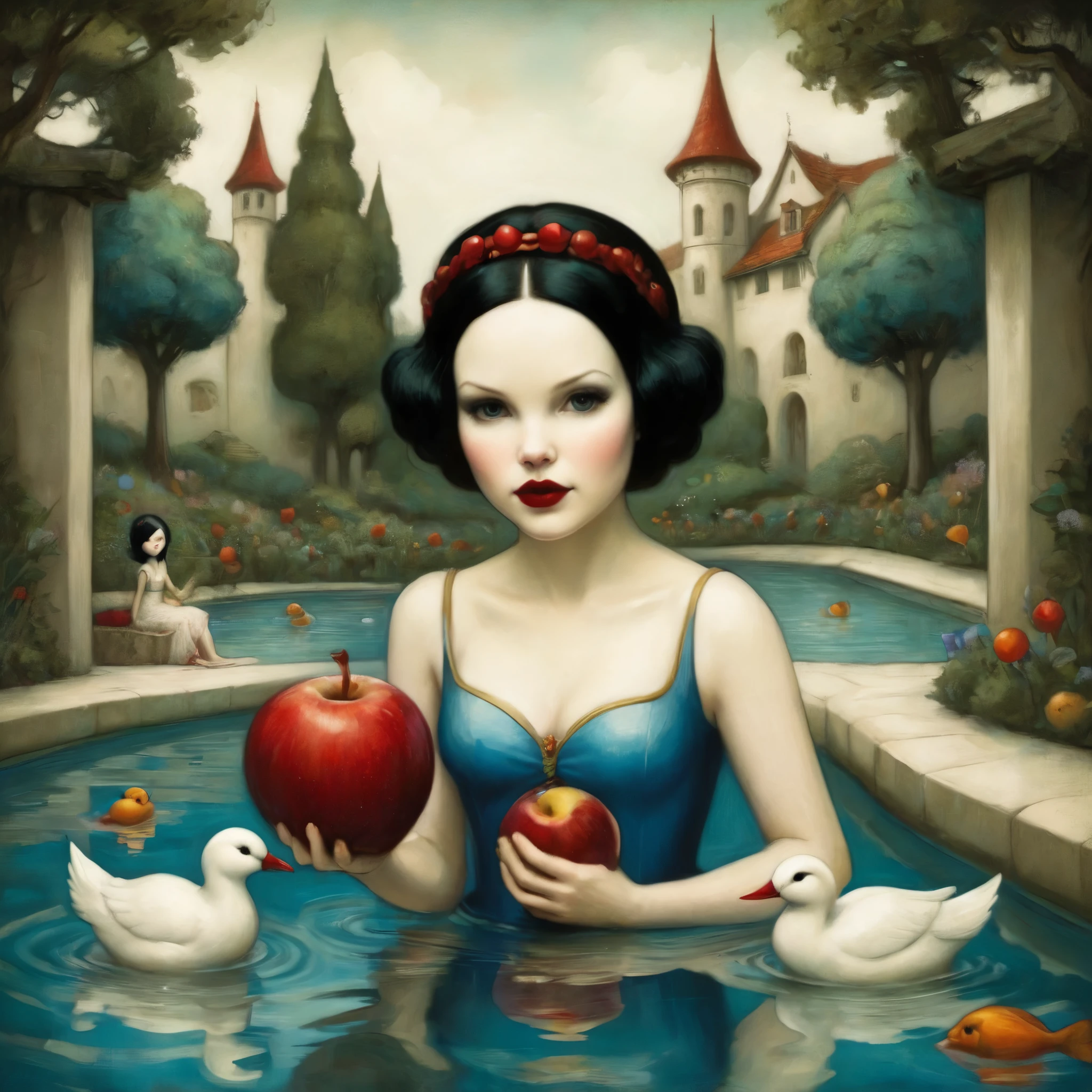 Snow-White at the swimming-pool, drawing by Benjamin Lacombe, magical, intricate details 