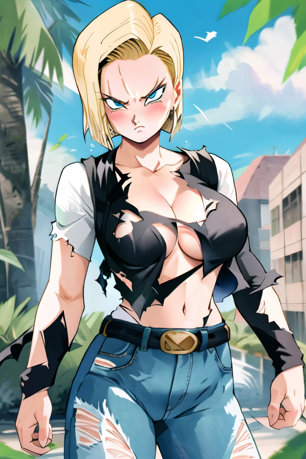 and18, 1girl, android 18, solo, blush, angry, blonde hair, blue eyes, (torn clothes:1.1), torn pants, torn shirt, short hair, underboob, large breasts, perfect breasts, cleavage, masterpiece, 4k,