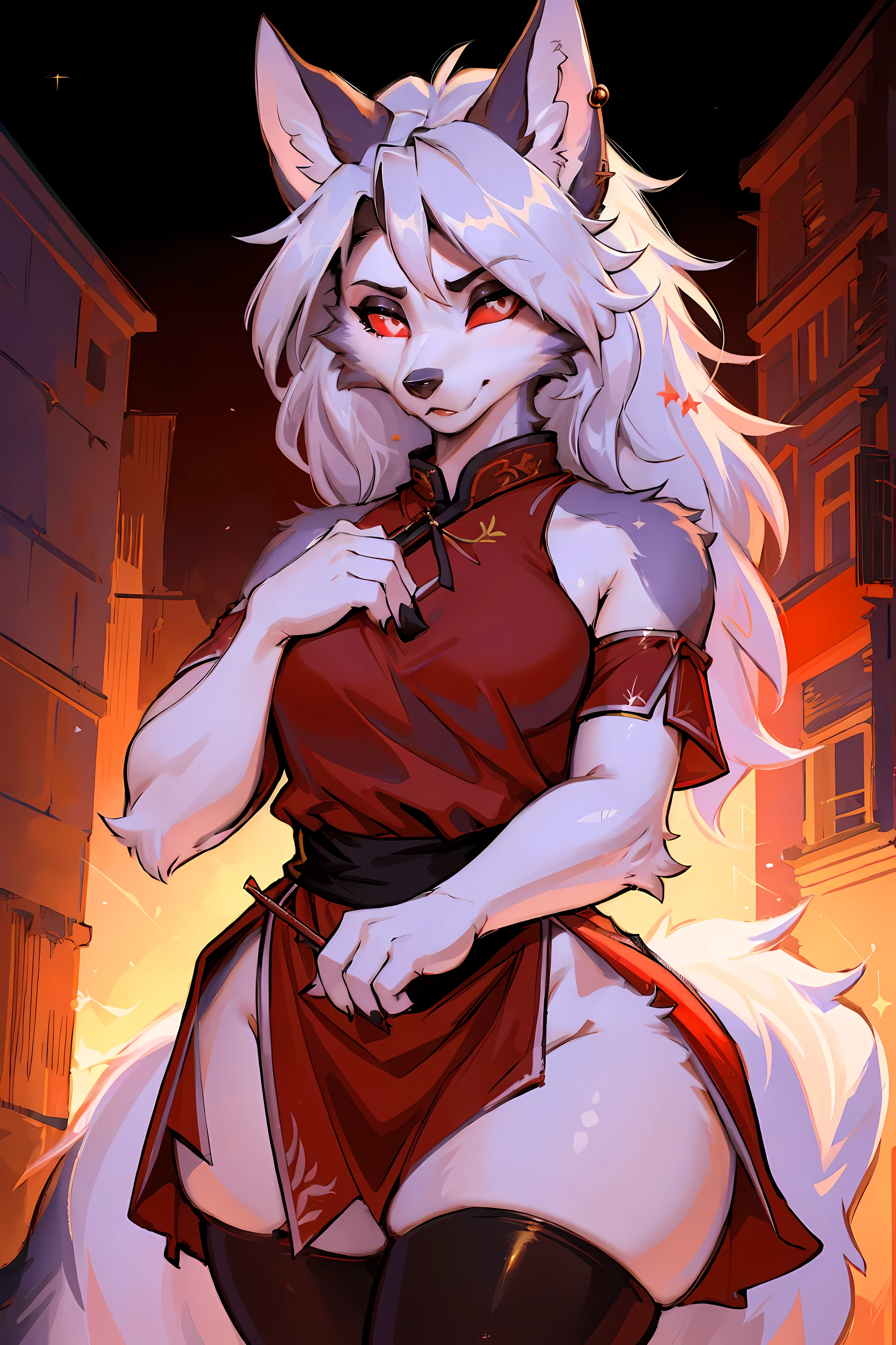 best quality,amazing,masterpiece,beautifully,super detailed,ultra high resolution,intricate details,Beautiful and detailed,detailed,8k resolution,(edge lighting),sharp focus,high contrast,red eyes,hairy,wolf girl,furry wolf girl, red clothes,cheongsam,flowing gauze, jewelry, Reasonable structure,Thick thighs