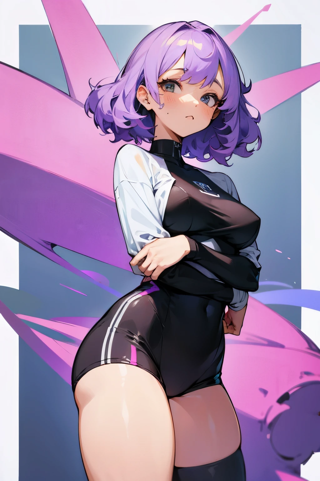 Girl, Short curly light purple hair, Freckles, Septal perforation, Medium breast, He wears a long-sleeved T-shirt and spandex shorts, Heterochromatic blue and brown eyes